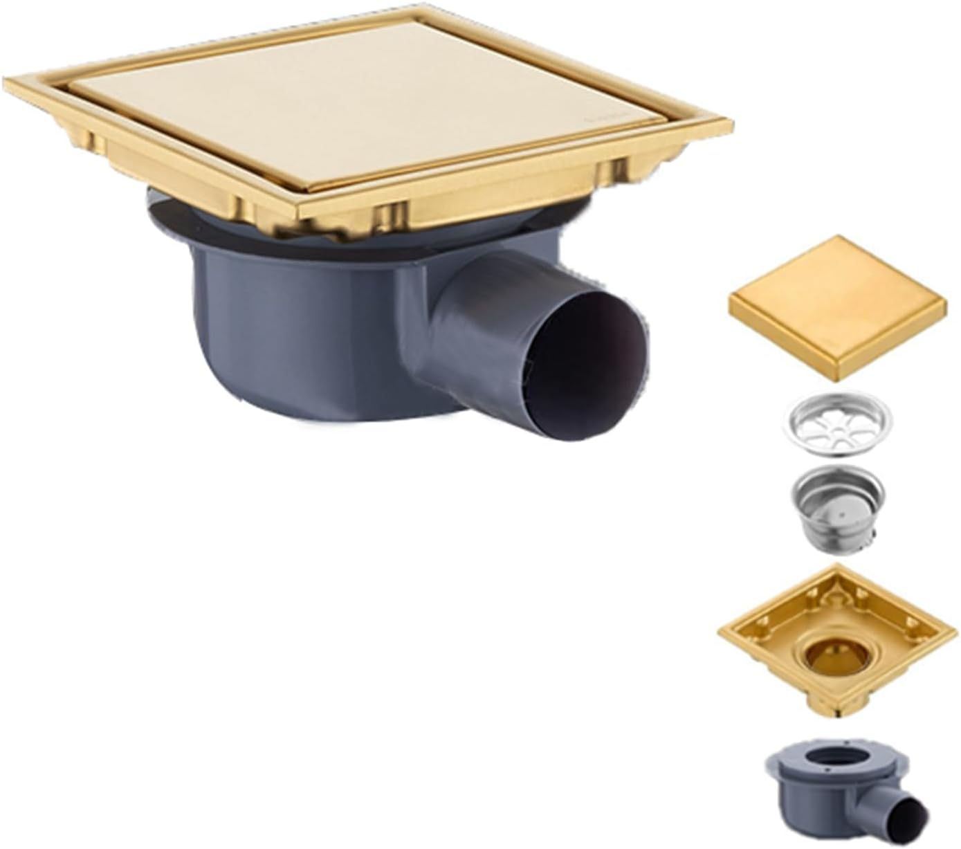 Odpływ prysznicowy 360° ze stali nierdzewnej z syfonem, złoty odpływ podłogowy, 15 x 15 cm, syfon 2 w 1 i filtr na włosy, odpływ podłogowy do prysznic