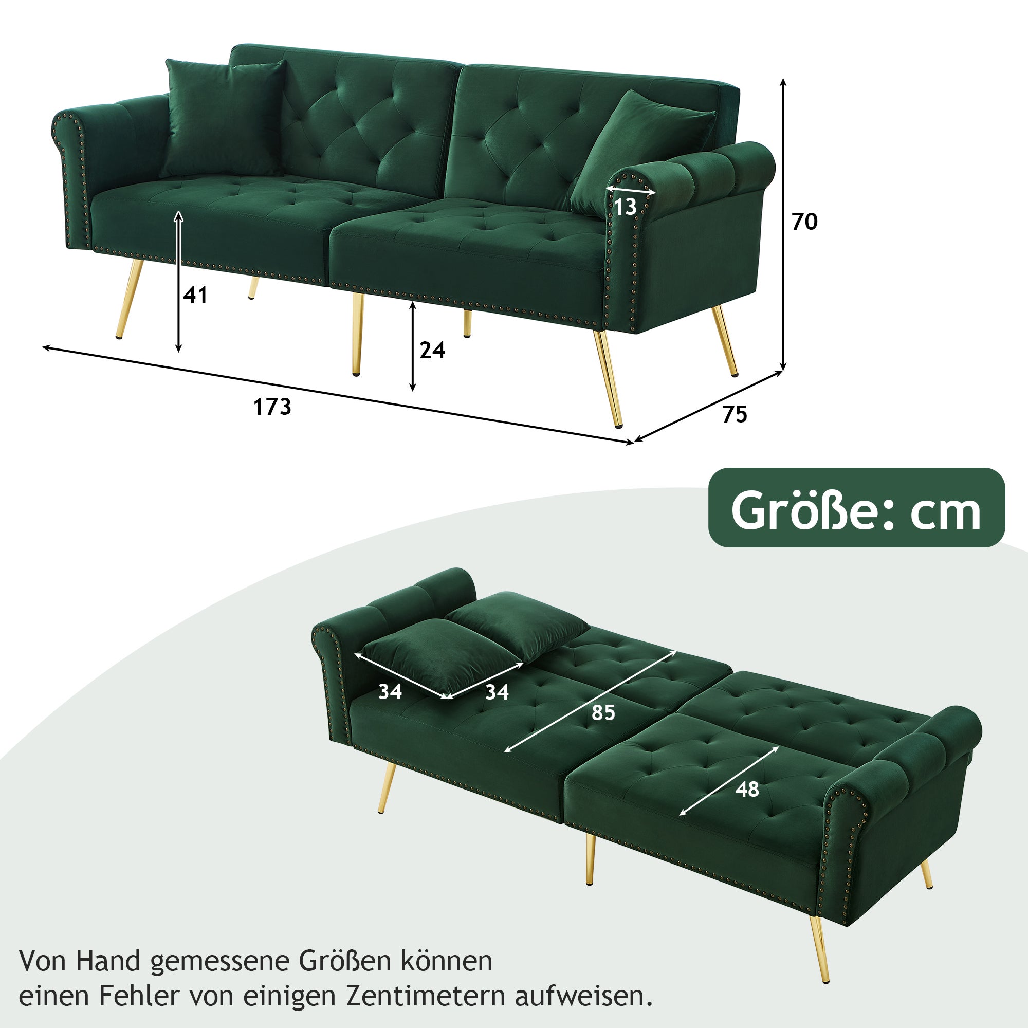 Divano letto a 2 posti in velluto - 173 x 75 x 70 cm - Gambe in metallo dorato - con funzione sleep - Verde antico - 8