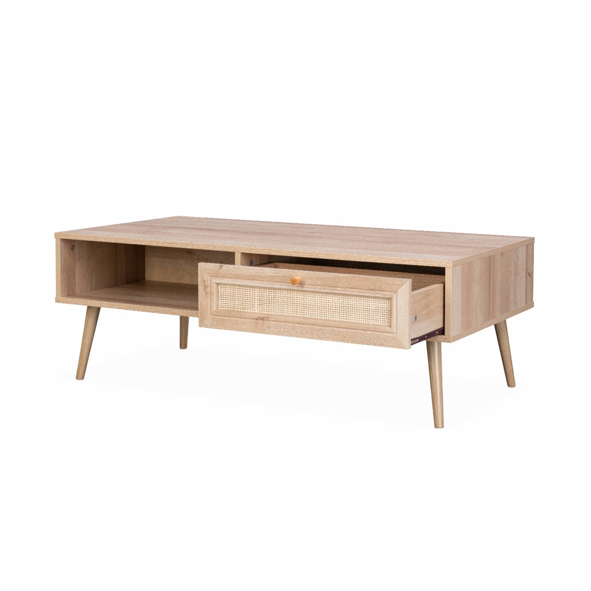 Table basse en cannage 110 x 59 x 39 cm - Bohème - Naturel. 1 tiroir. 1 espace de rangement. pieds scandinaves - 3