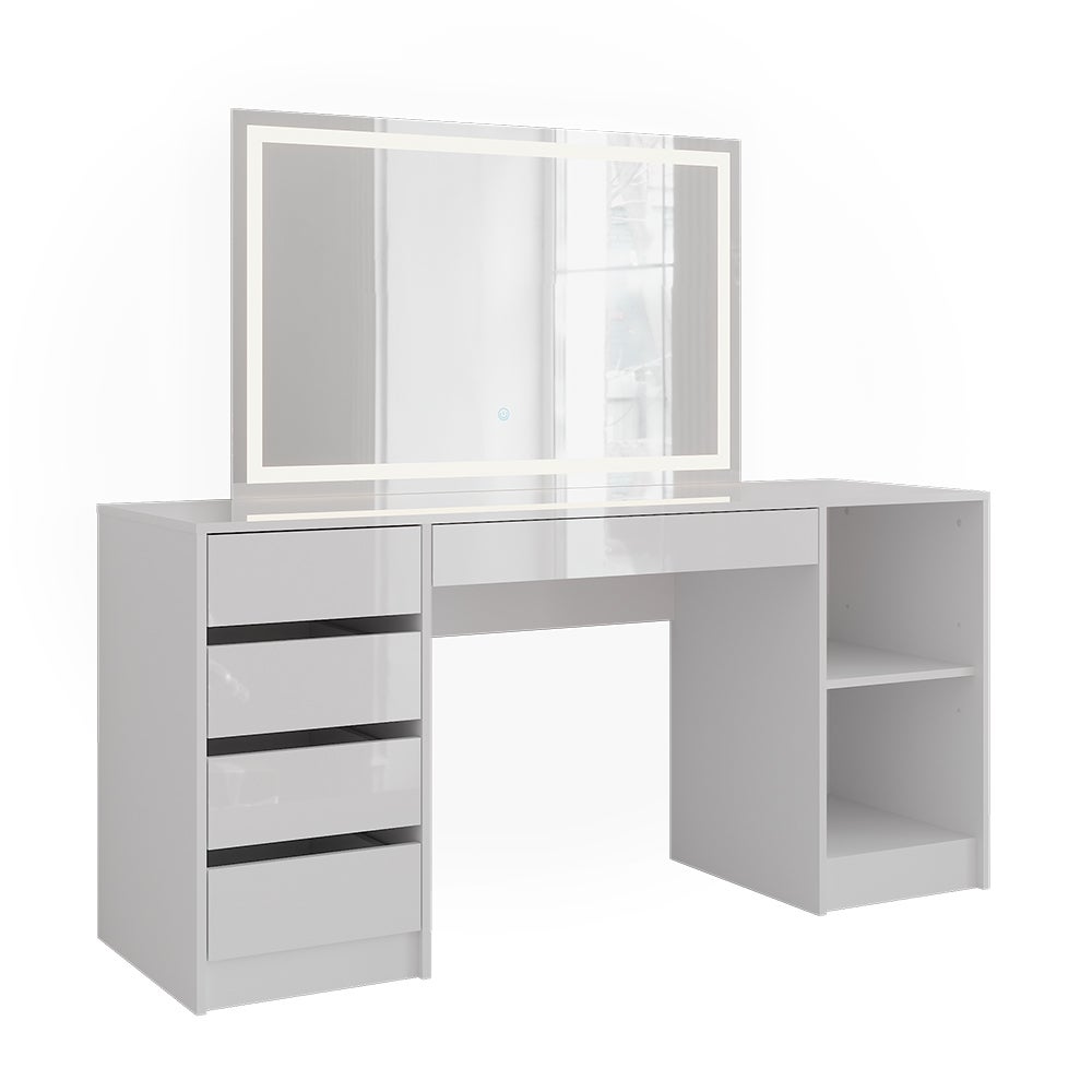 Vicco Stół toaletowy Sherry, Biały/biały wysoki połysk, 158.2 cm z lustrem LED