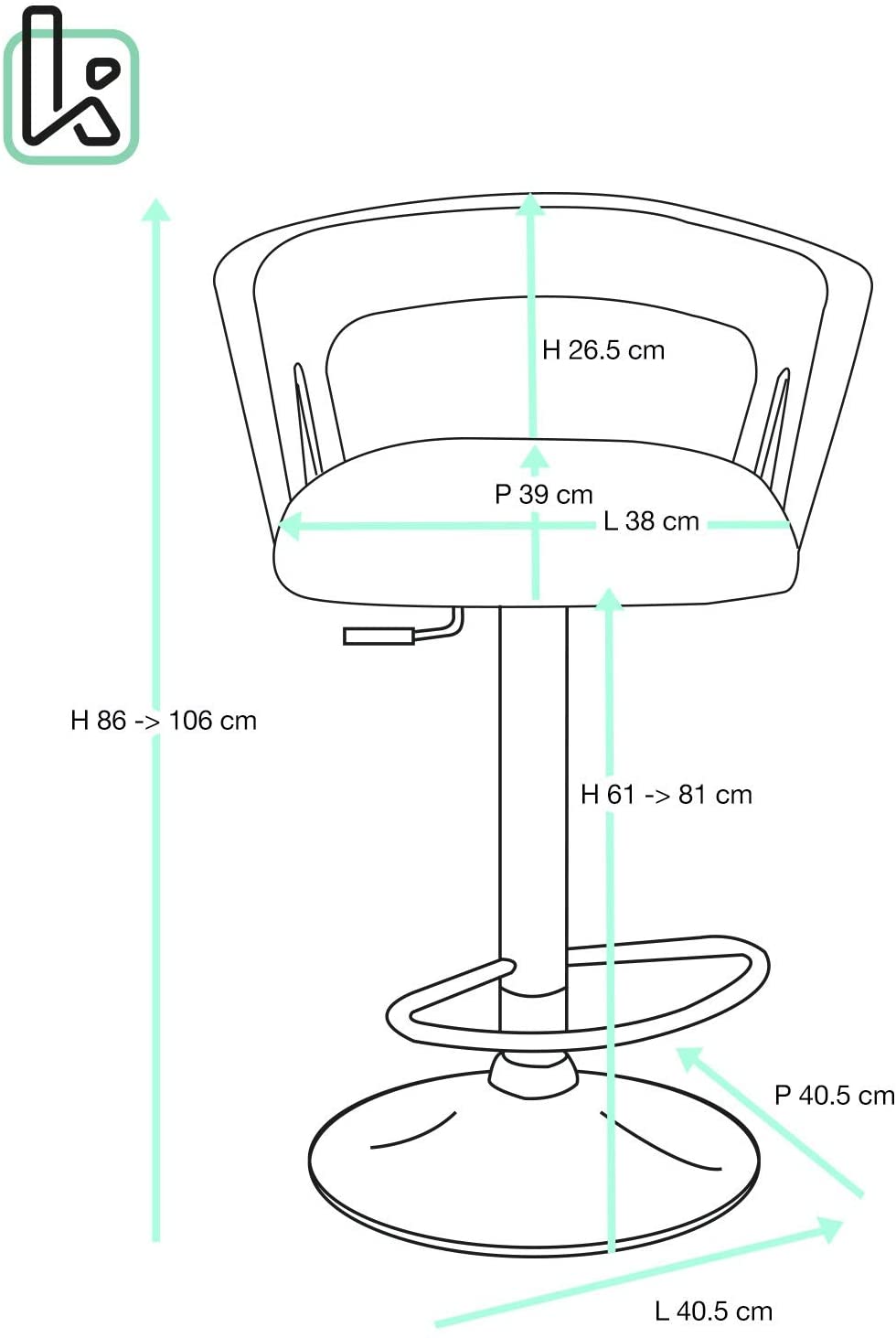 Lote de 2 taburetes de bar de diseño, asiento de tela acolchada con respaldo y reposabrazos, giratorio y altura regulable, base cromada AYO (gris) - 5
