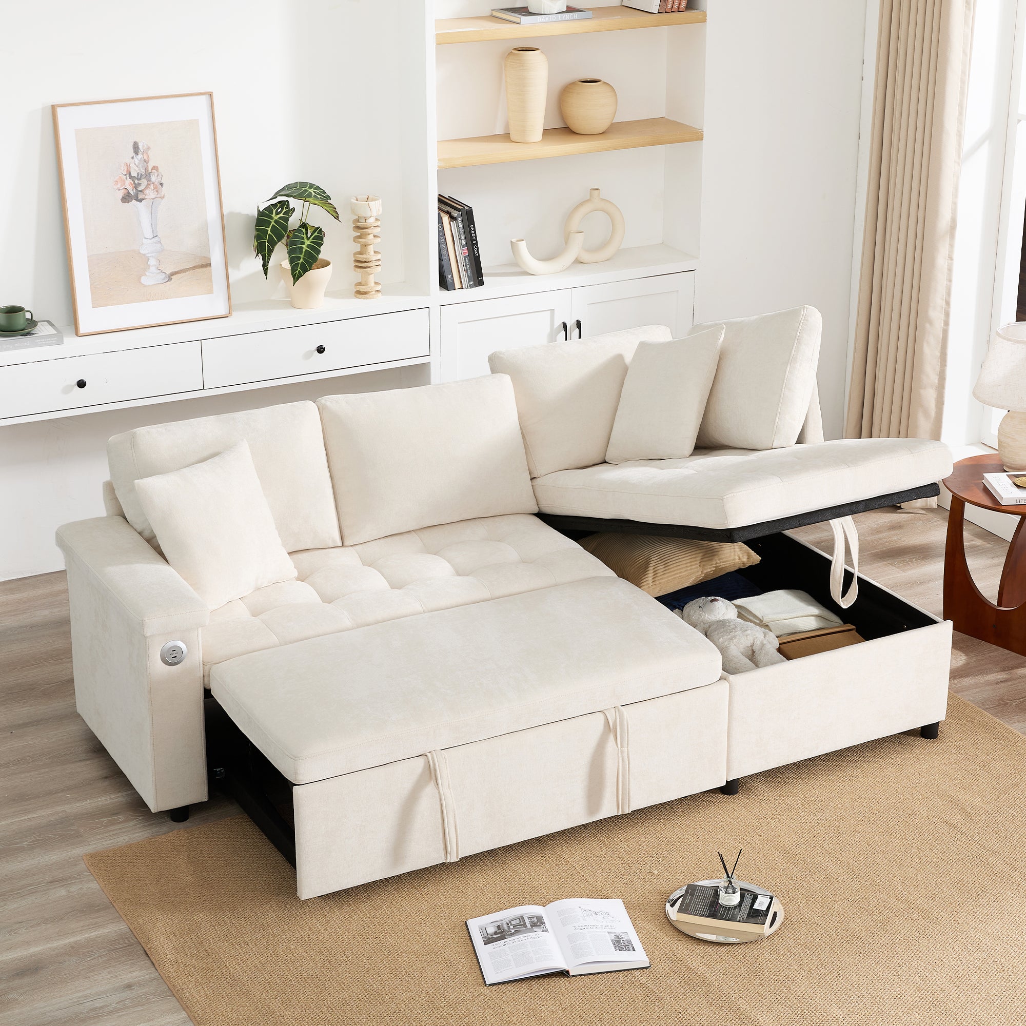 Canapé d'Angle Convertible avec Coffre , Canapé,Lit Moderne 2 à 3 Places avec Port USB, Tissu Chenille Beige - 2