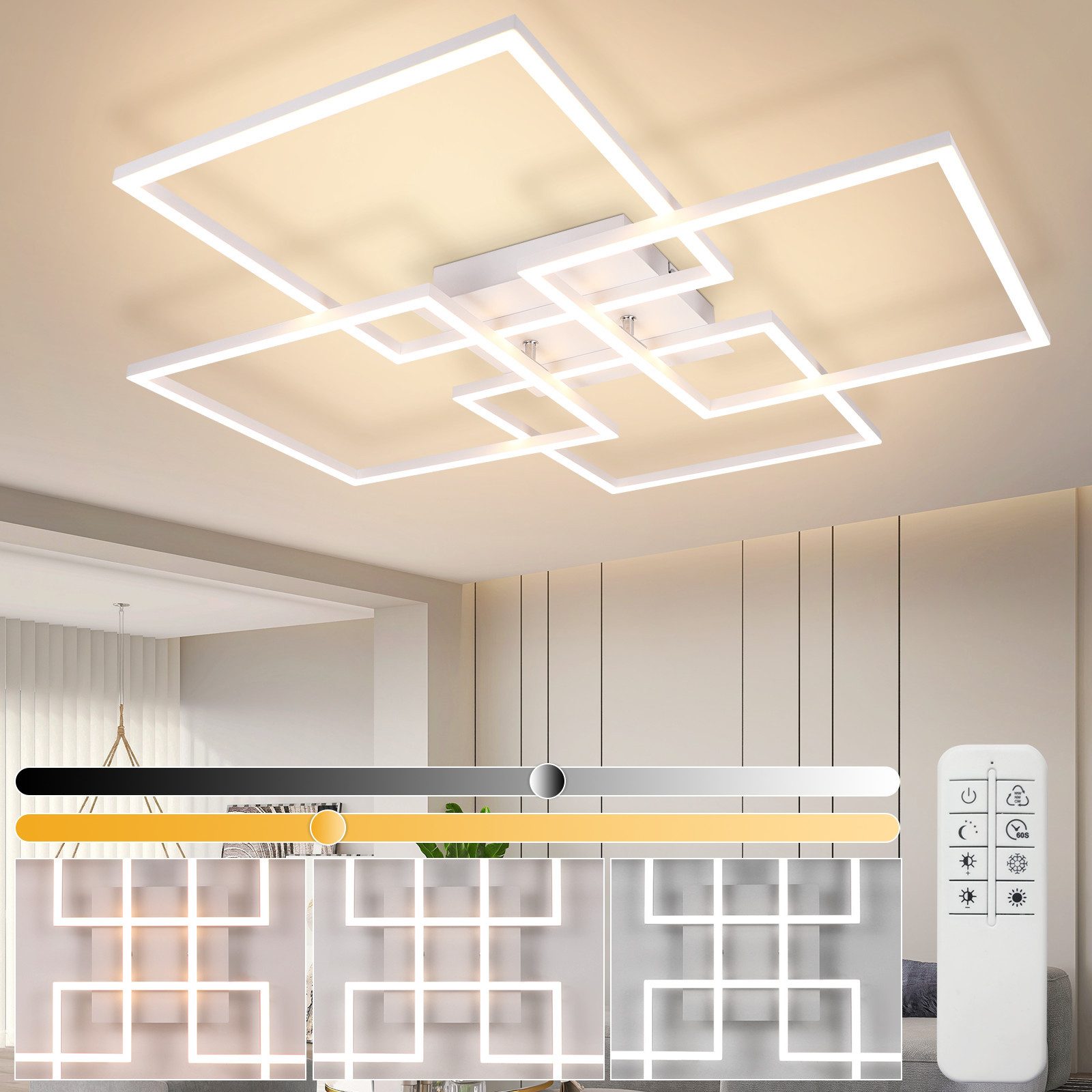 NETTLIFE Lampa sufitowa LED do salonu, kuchni, biała, ściemnialna, z pilotem, nowoczesna, 3000K - 6500K, 48W