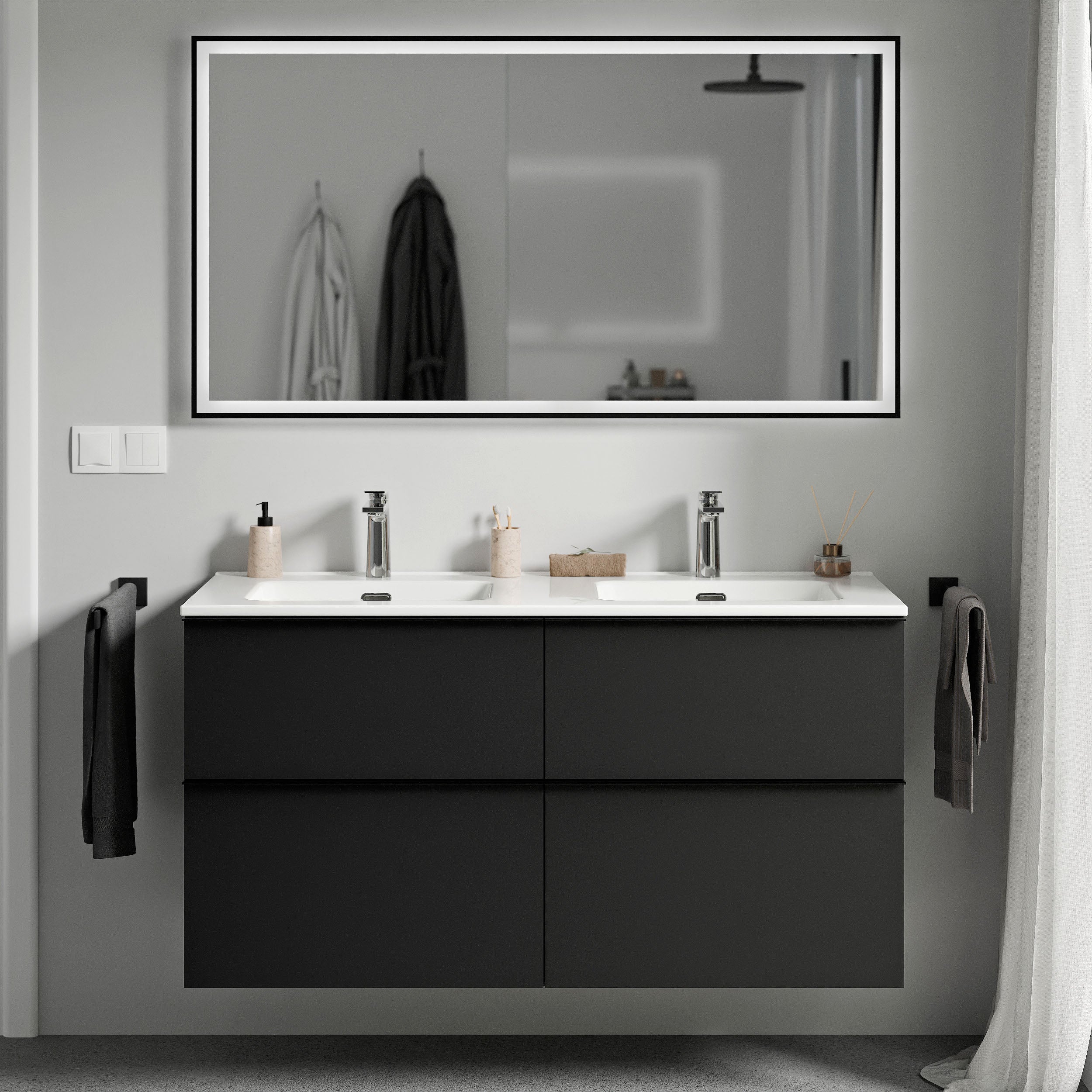 Bernstein - mueble lavabo doble suspendido mdf negro mate, senos + orificios grifería en blanco brillo, tirador negro mate 121x64x47cm - lavoa