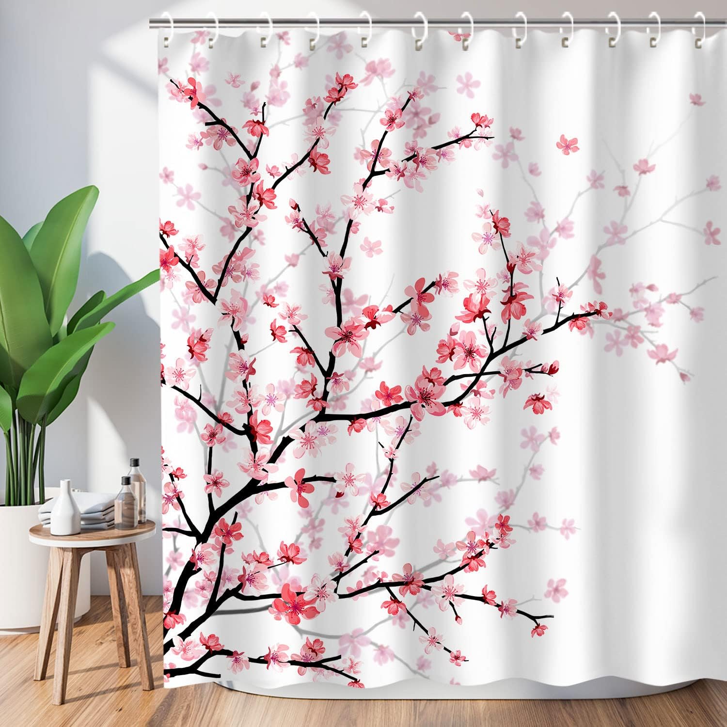 Zasłona łazienkowa z materiału z haczykami, wzór kwiatowy Sakura w kolorze różowym, dekoracyjna zasłona prysznicowa do łazienki, nadaje się do prania