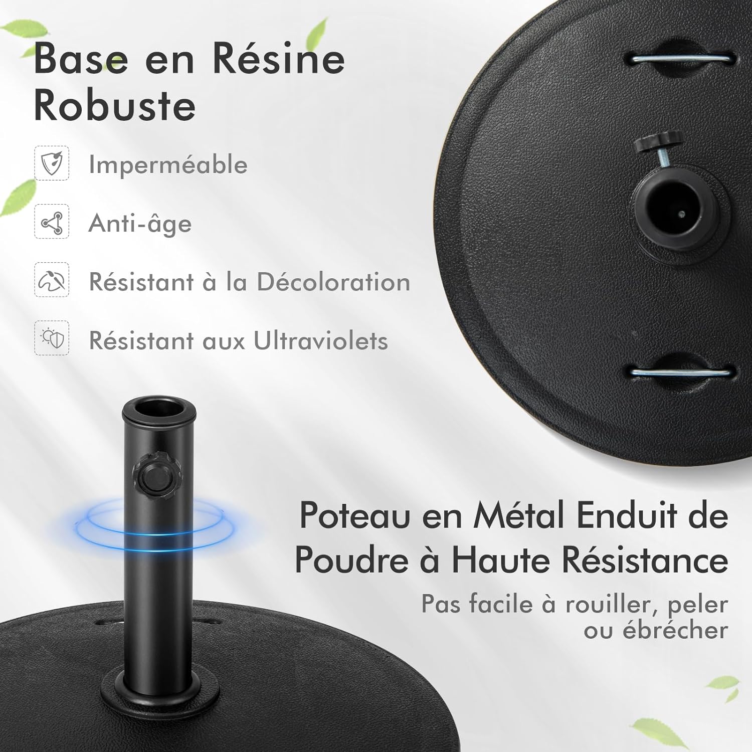 Pied de Parasol sur roulettes φ52CM 23KG, Socle Parasol Extérieur en Résine avec 2 Poignées Rétractables, pour Poteaux de Parasol 38/48 mm - 6