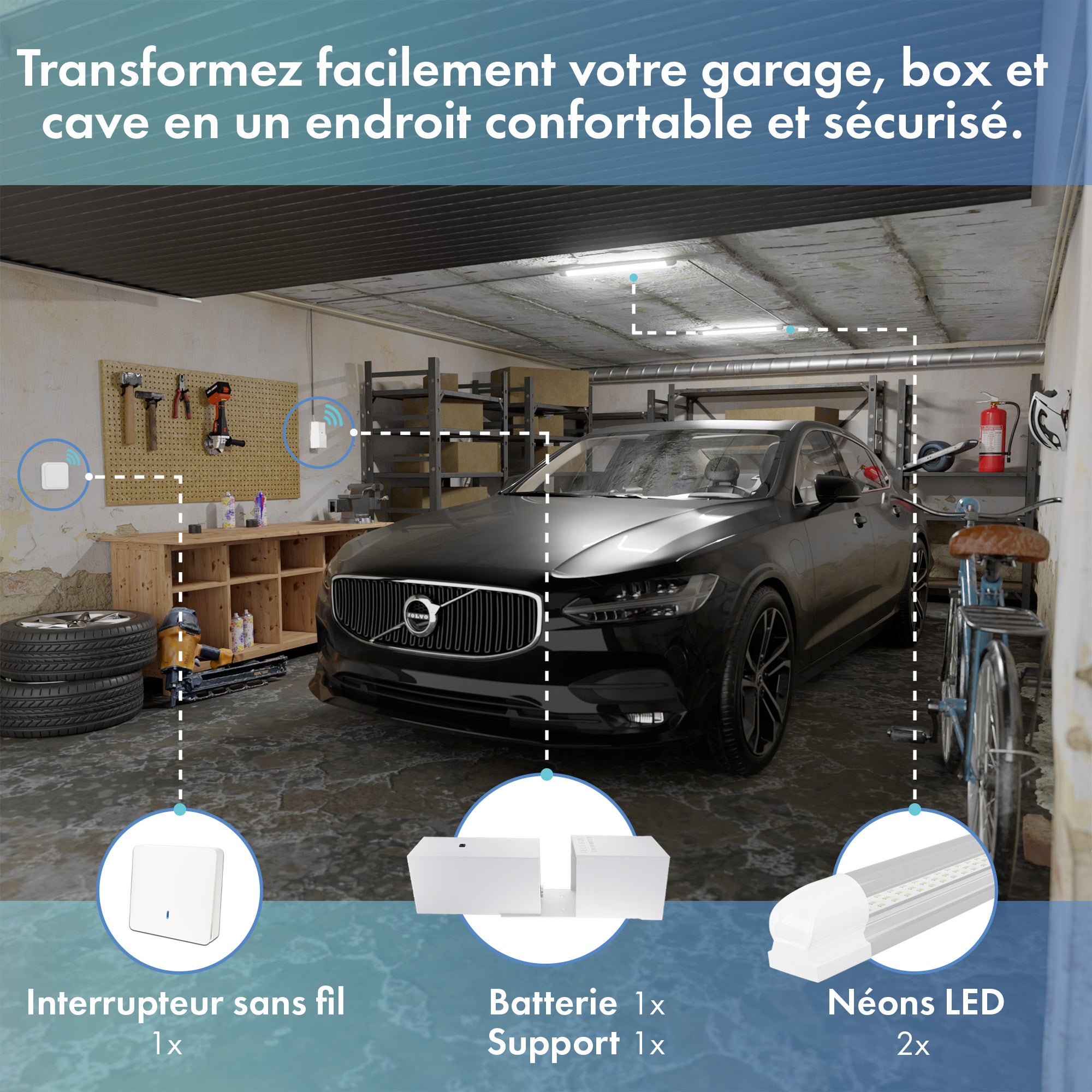 Kit éclairage sans fil garage box cave sous sol - 2 réglettes led - 1 Batterie - 1 interrupteur radio - Gamme CONFORT - 2200 lumens - 3