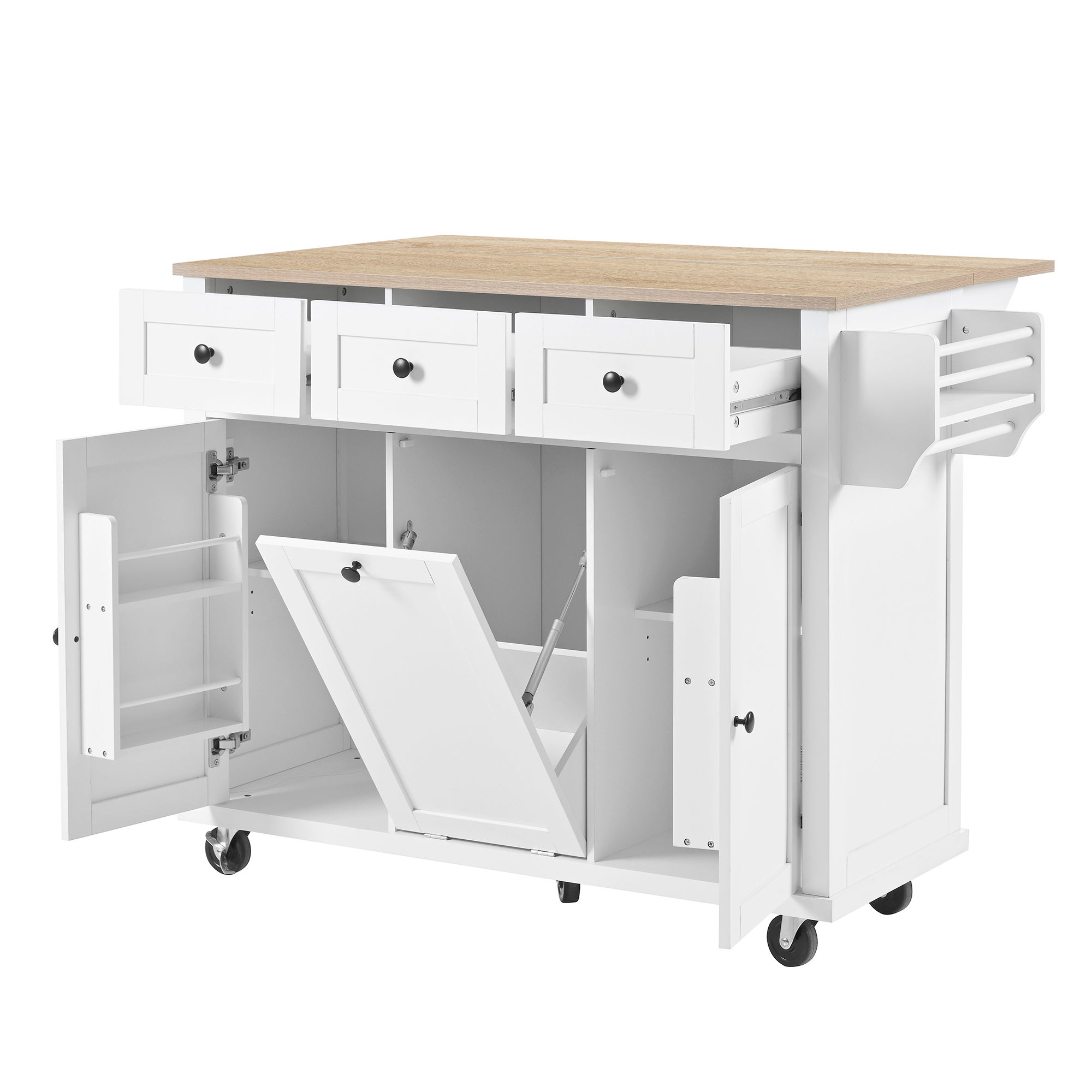 Ilot central de cuisine mobile 126x46.8x94.2cm - avec roulettes - 3 tiroirs et 3 portes - plateau extensible - avec porte-serviettes - blanc - 5