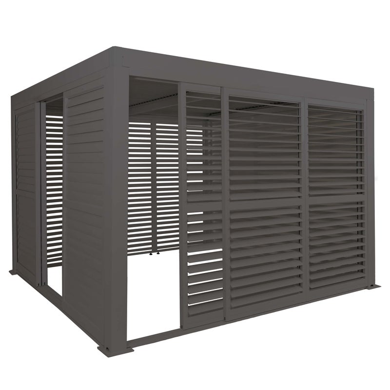 Pergola aluminiowa HWC-L46, zadaszenie tarasu, 6 paneli lamelowych, 6 drzwi przesuwnych, rama 11 cm, 3 x 3 m ~ antracyt