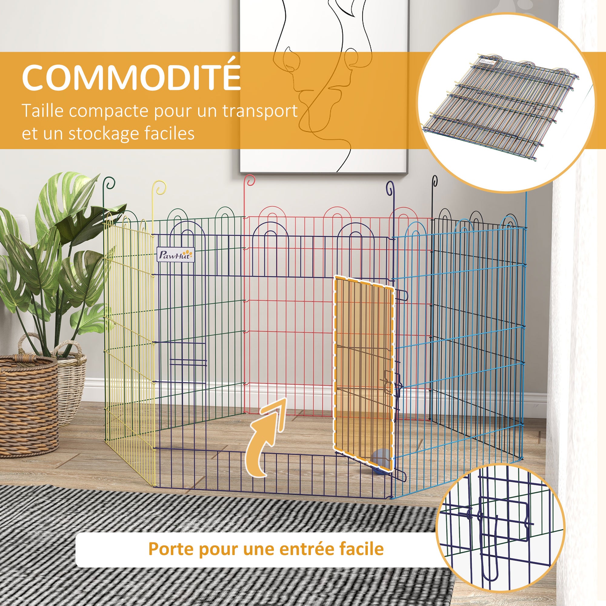 Enclos pliant - PawHut - pour chiens petits animaux intérieur et extérieur - 6 panneaux avec porte - Ø 120 x 60 cm - multicolore - 6