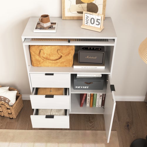 Buffet de rangement avec 2 portes, 3 tiroirs, tablettes, en MDF, 85x40x120 cm, blanc - 9