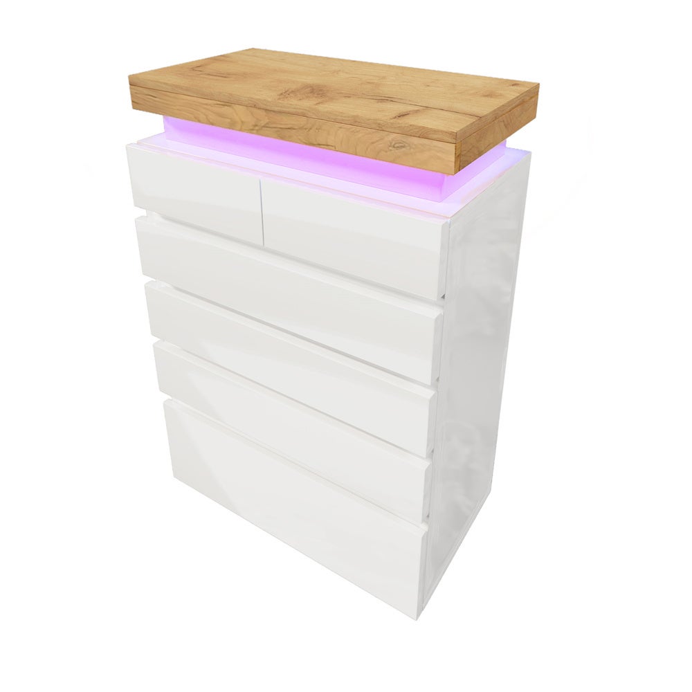 Komoda/kredens lakierowany na wysoki połysk z 6 szufladami, oświetlenie LED, 73 x 39 x 115 cm, kolor biały - 8