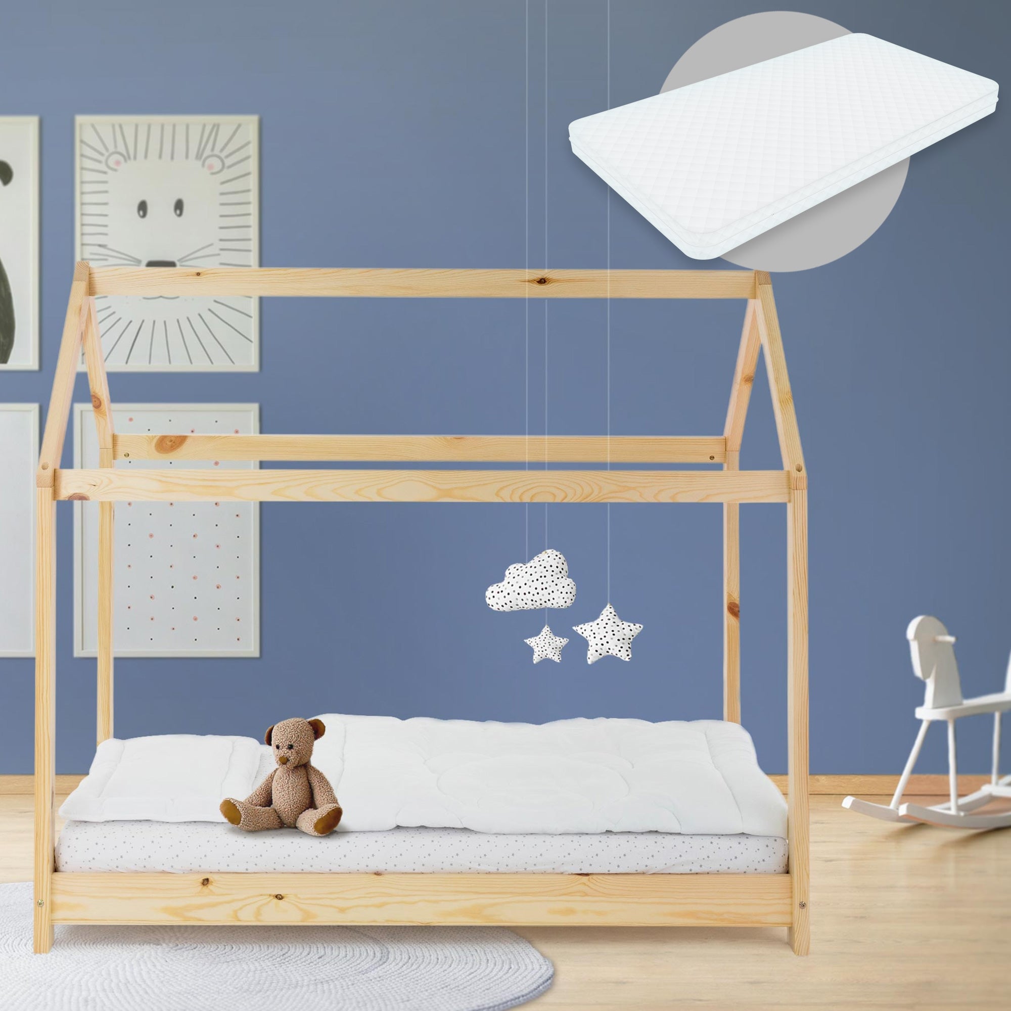 Lit cabane enfant 80x160 cm naturel bois de pin massif avec matelas, toit et sommier à lattes, couchage au sol maisonnette chambre - 2