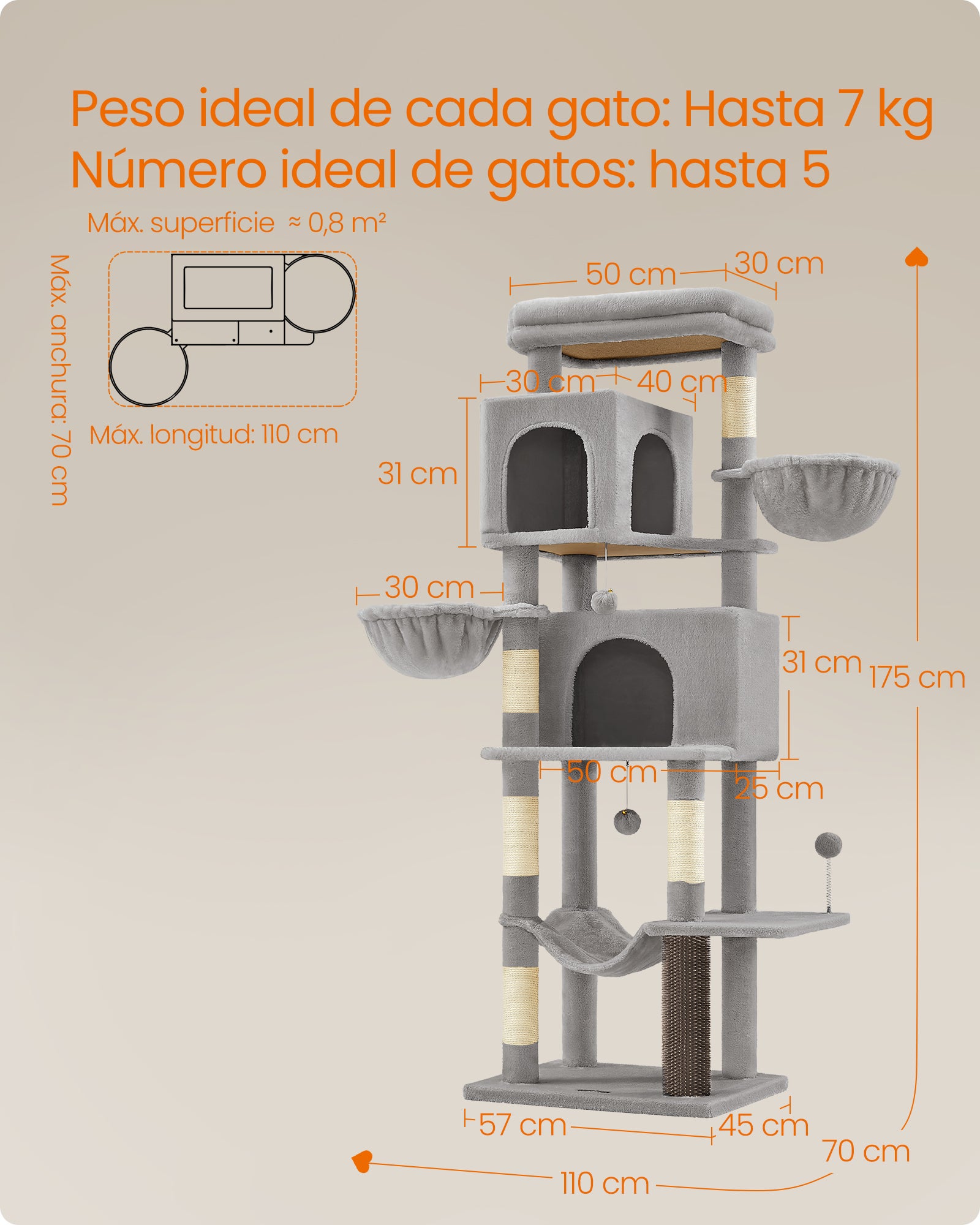Árbol para Gatos de 175 cm, Multinivel con 2 Cuevas, 2 Cestas, 5 Rascadores, Plataforma, Hamaca, Gris - 6