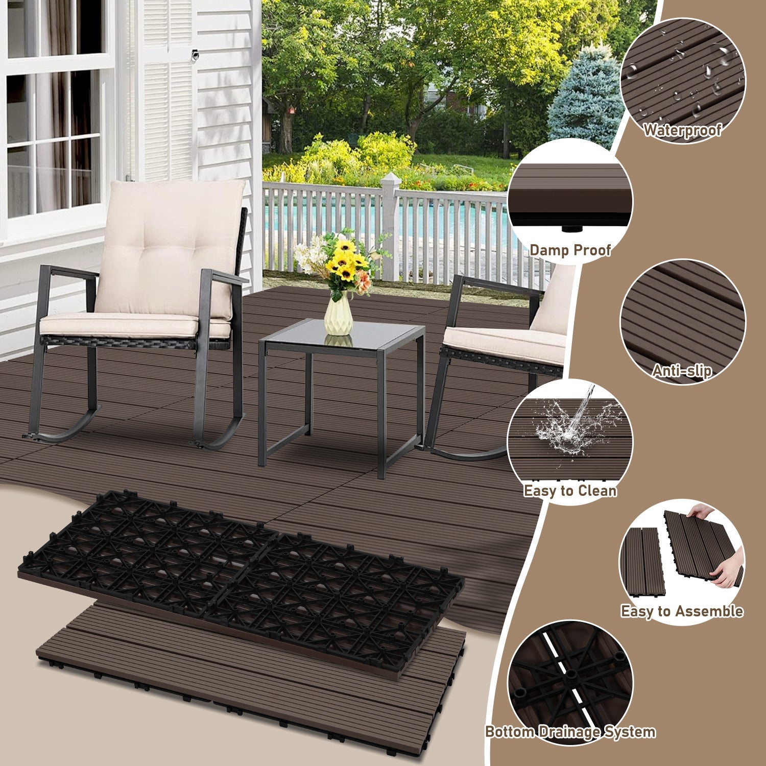 30 x Dalles de terrasse en WPC pour balcon et jardin installation sans outil structure adaptée aux grandes aces Marron café 30x60CM - 3