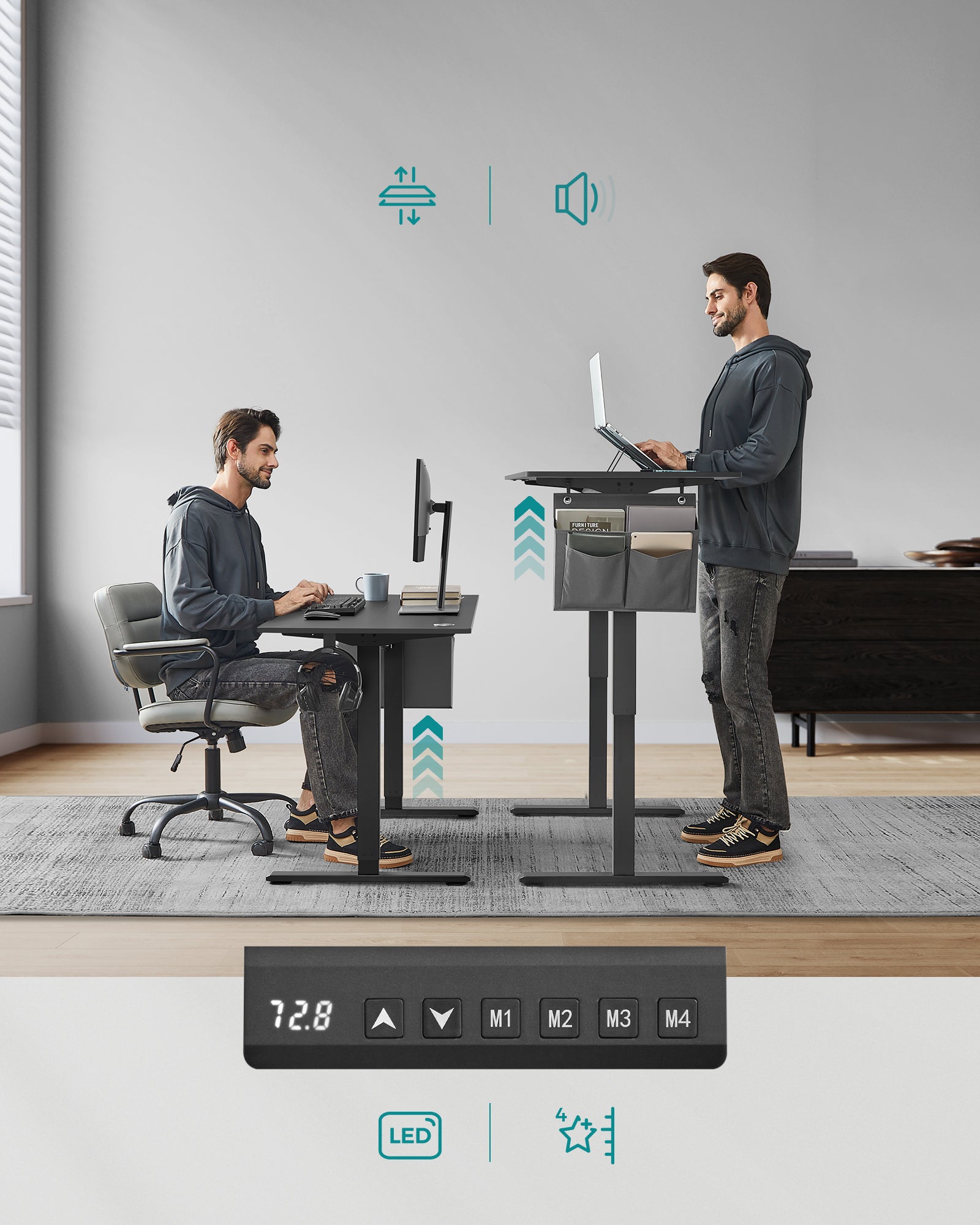 Bureau Électrique Assis-Debout, Bureau Réglable en Hauteur, 60 x 140 x (72-120) cm, 4 Hauteurs Mémorisables, Pochette de Rangement, Noir - 7