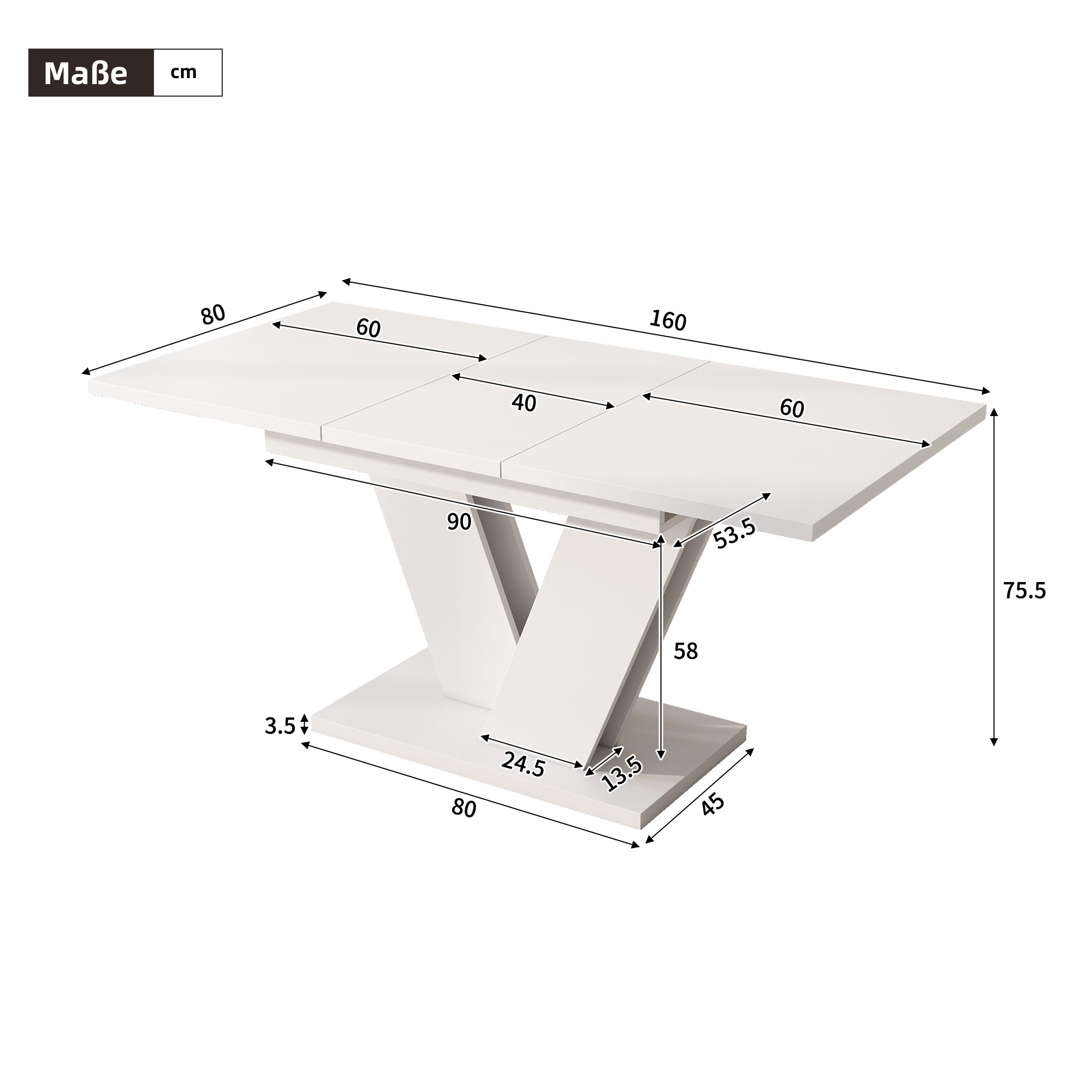 Table à manger extensible pour 4 à 6 couverts - 120/160 x 80 x 75.5 cm - MDF - Pièds en forme V - Blanc - 3