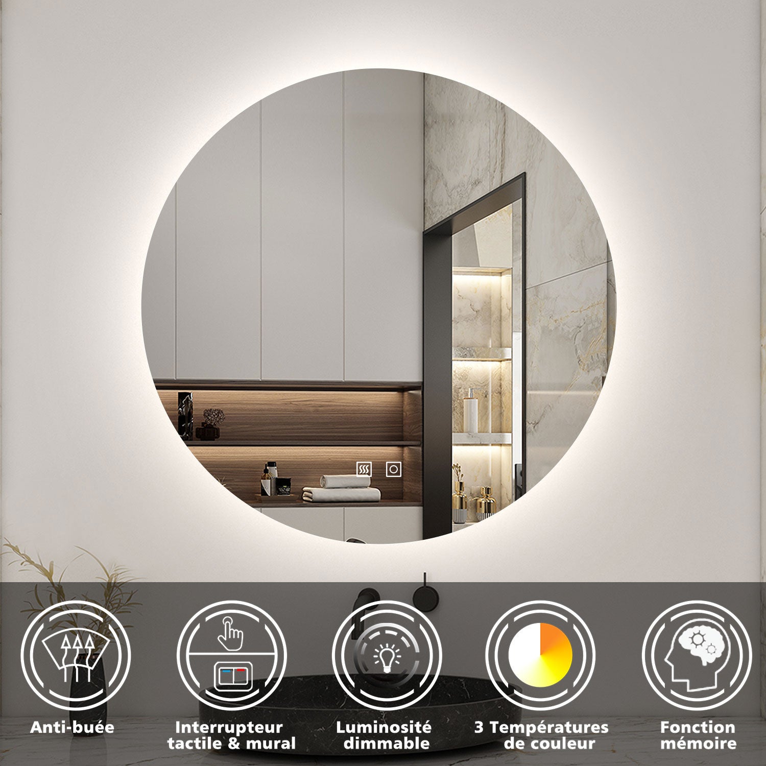 AICA LED Miroir lumineux rond 80cm 3 couleurs + anti-buée + dimmable + mémoire miroir salle de bain - 2