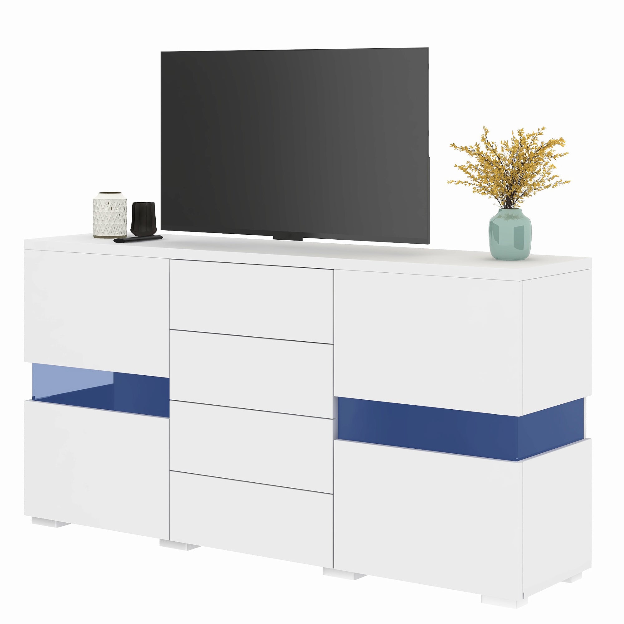 Komoda niska z 4 szufladami i 2 drzwiami - 145 x 35 x 72 cm - LED - do jadalni lub salonu - MDF - biała - 8