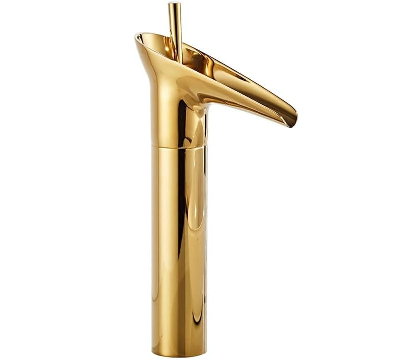 Bateria łazienkowa, bateria wodospadowa, zabytkowa bateria jednouchwytowa do umywalki, ciepła i zimna woda, mosiądz, złoto (wysokość: 31 cm)