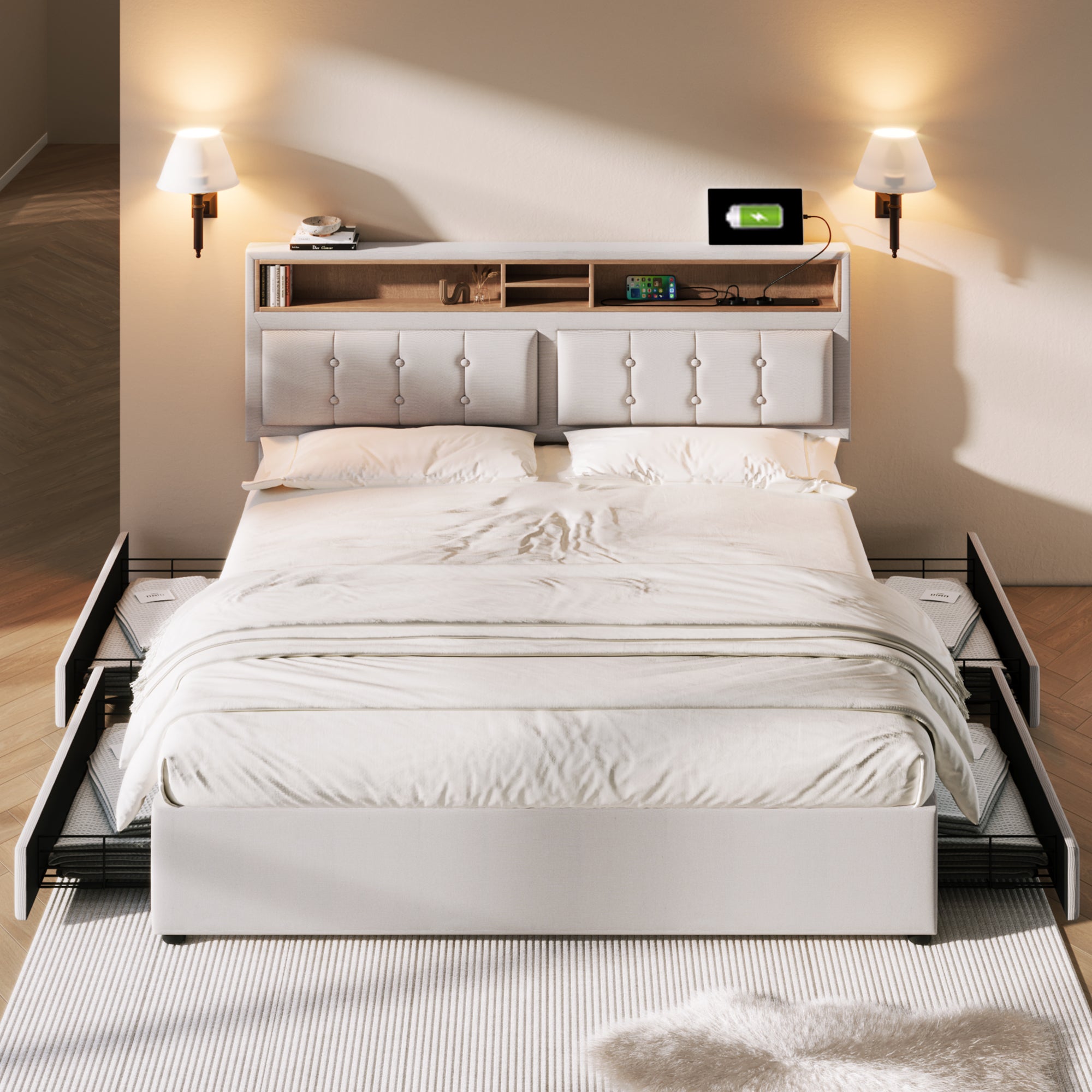 Lit Double Avec 4 Tiroirs Et Prise Usb C - 160 X 200 cm - Tête De Lit Réglable En Hauteur - Sommier À Lattes En Bois - Sans Matelas - 2