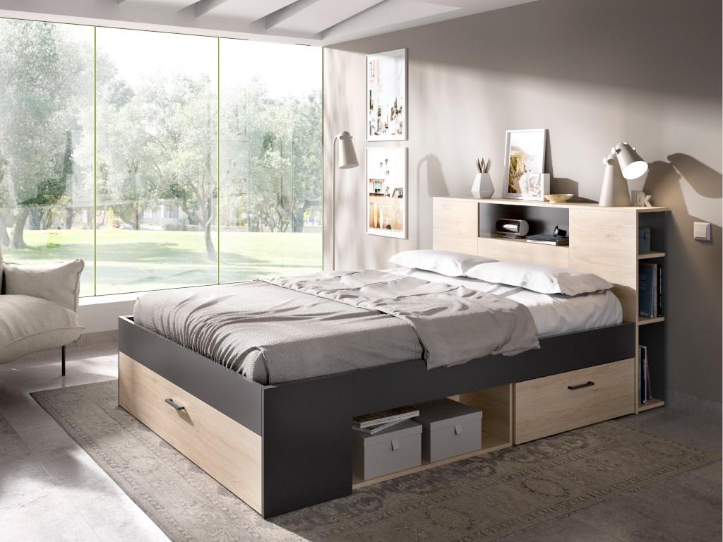 Łóżko ze skrzynią i szufladami - 140 x 190 cm - Kolory: naturalny i antracyt + Stelaż - LEANDRE