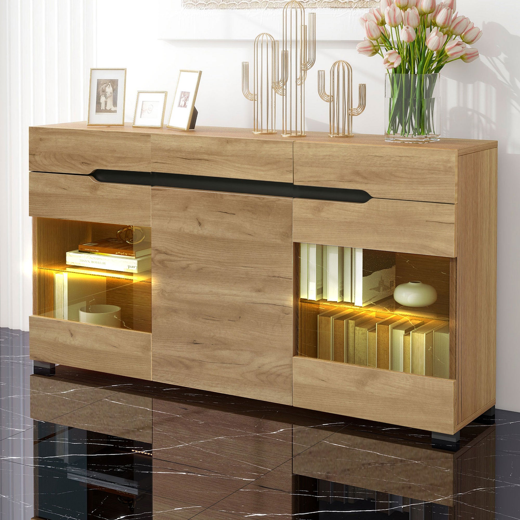 Buffet LED, 3 portes, 3 tiroirs, meuble de rangement moderne | Leroy Merlin