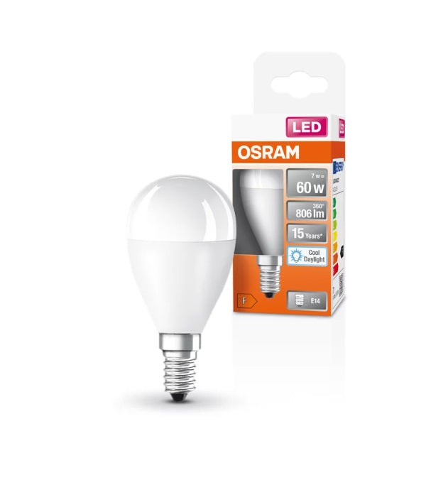Ampoule LED Osram, Mini Form Classic Mini Ball, 60 Watts Remplacement, E14, P-Shape, 6500 Kelvin, Cold Daylight, Matt, Pack Single - 8