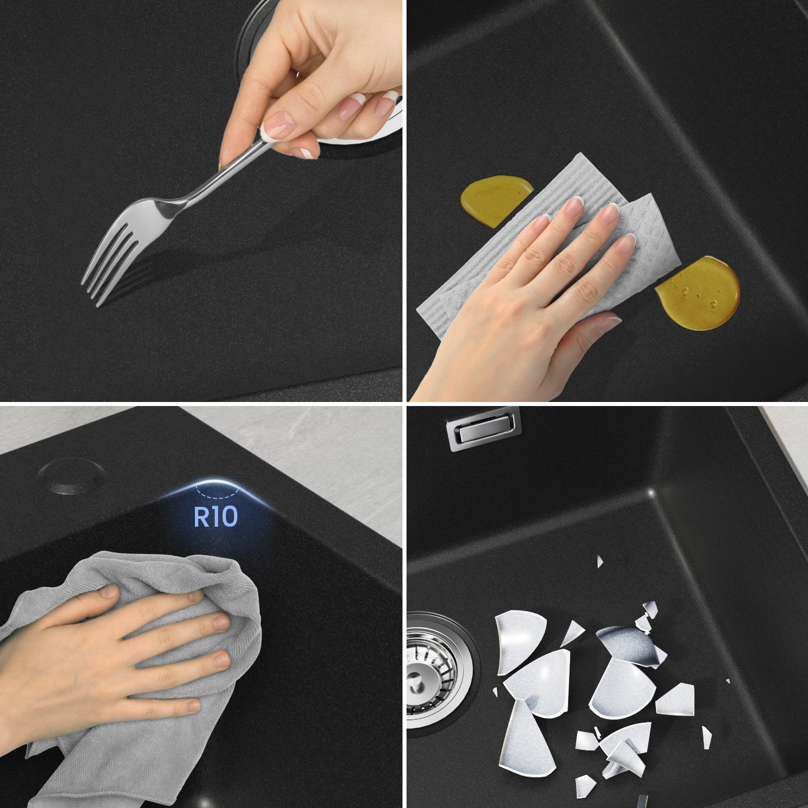 Cecipa max Evier de Cuisine 60x45cm en Quartz et Résine - Evier 1 Bac Noir -Grande Capacité Evier - 8