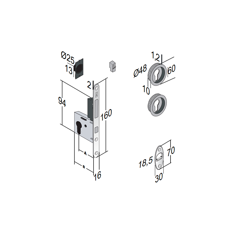 Serrure porte coulissante à crochet - Axe 50mm - Rosaces rondes cylindre I + tire-doigts + gache Trou de cylindre i - Bonaiti - 2