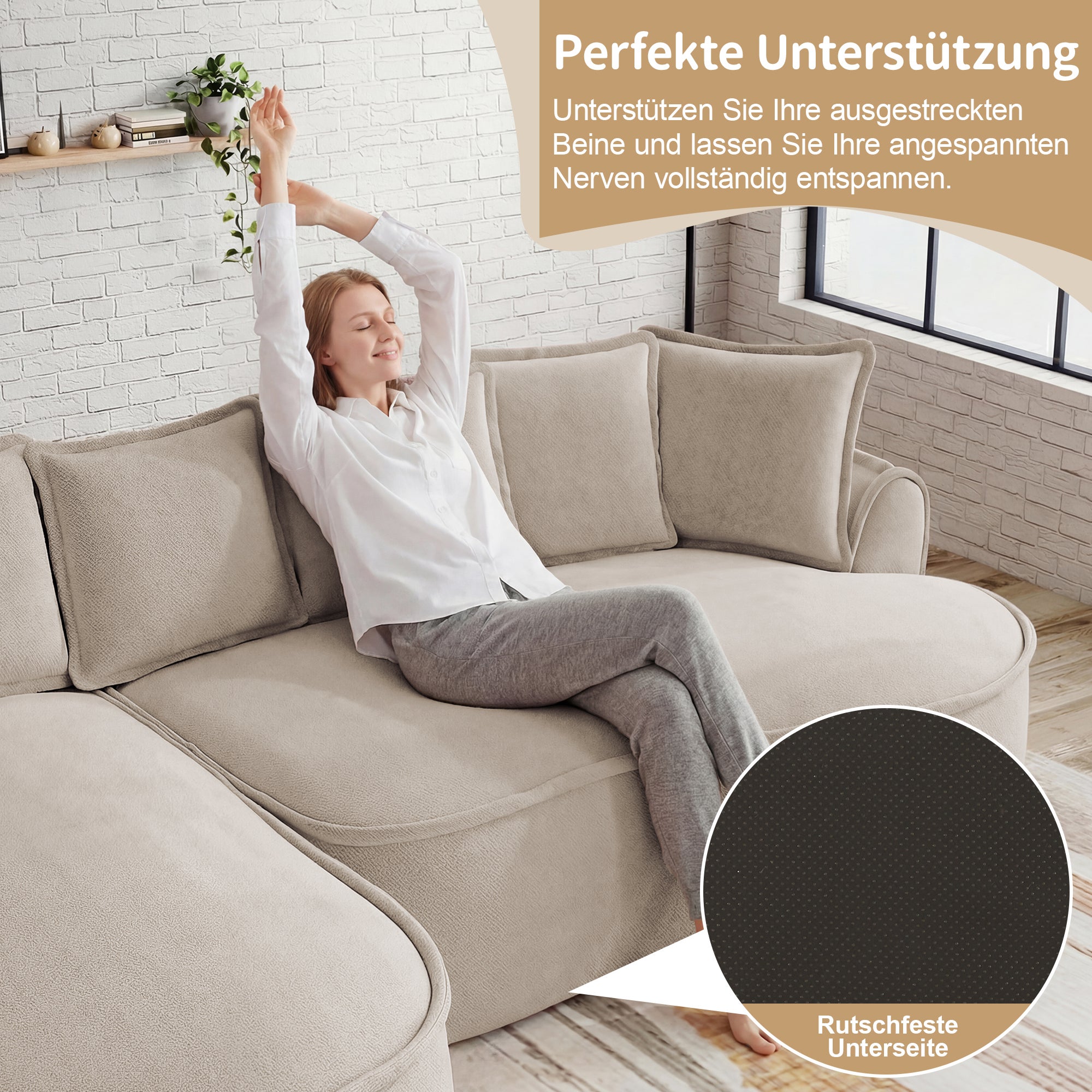 Canapé modulaire 4 places sans montage assise profonde ergonomique - coussins inclus, chenille marron clair - 9