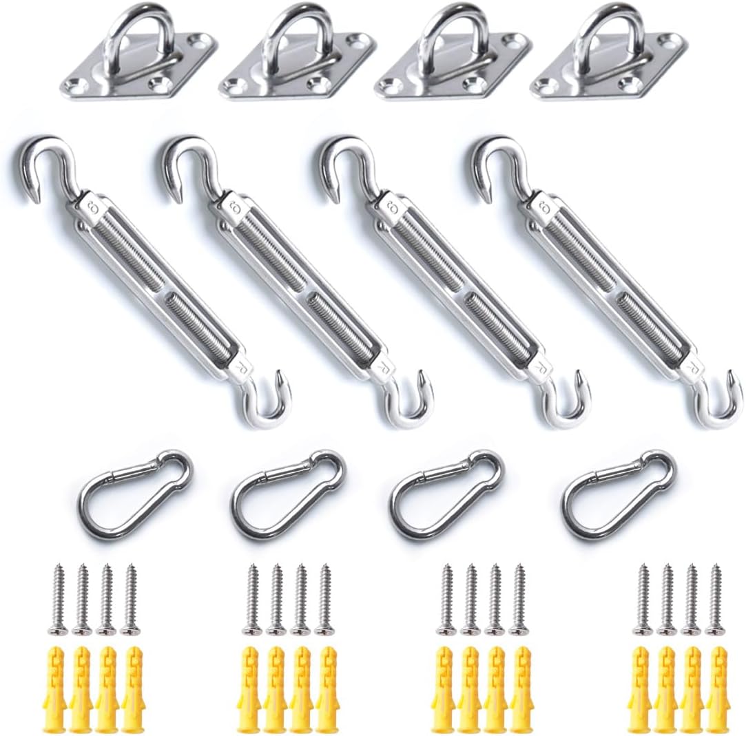 Kit Fixation Voile D'Ombrage Inox 304 - Tendeurs Réglables, Mousquetons, Supports Muraux M6