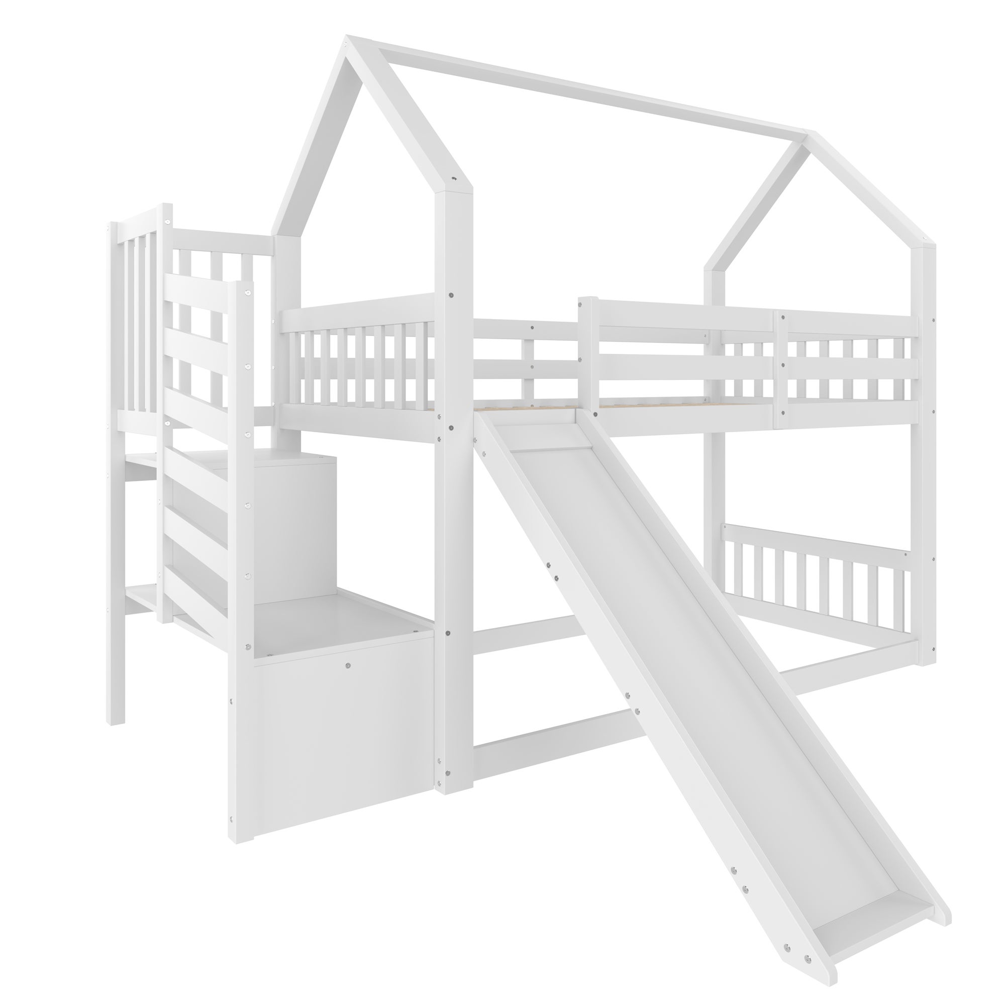 Lit superposé avec escalier de rangement et toboggan, lit d'enfant avec barrières, 90x200cm, blanc - 6