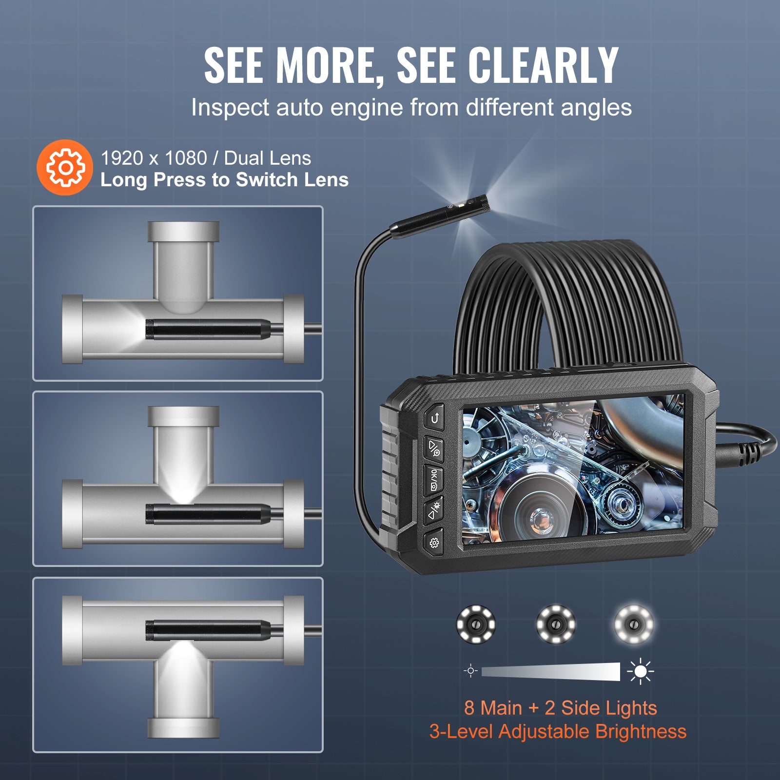 Telecamera per endoscopio : tripla lente SucceBuy,cavo da 16,4 piedi,schermo da 5 pollici,1080P,impermeabile,scheda da 32 GB - 4