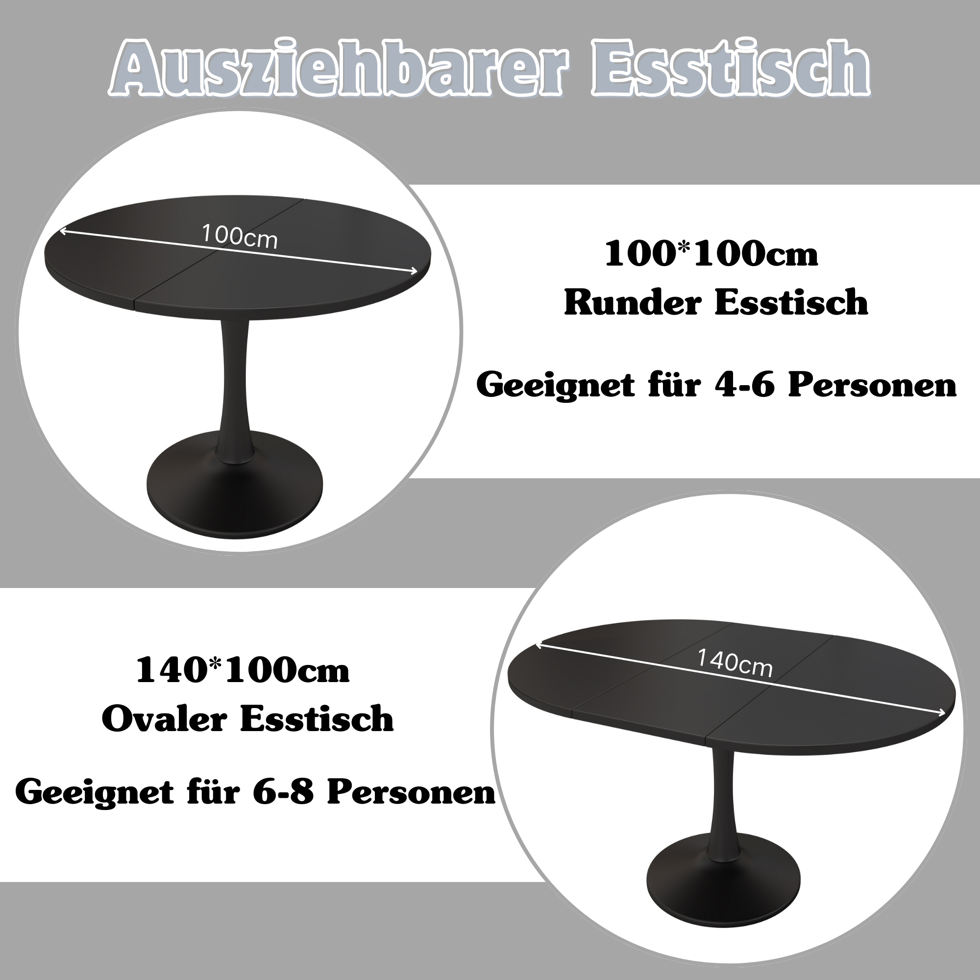 Table à manger ovale extensible 4 à 6 couverts - 100 x 140 x 75 cm - MDF - Noir - 2