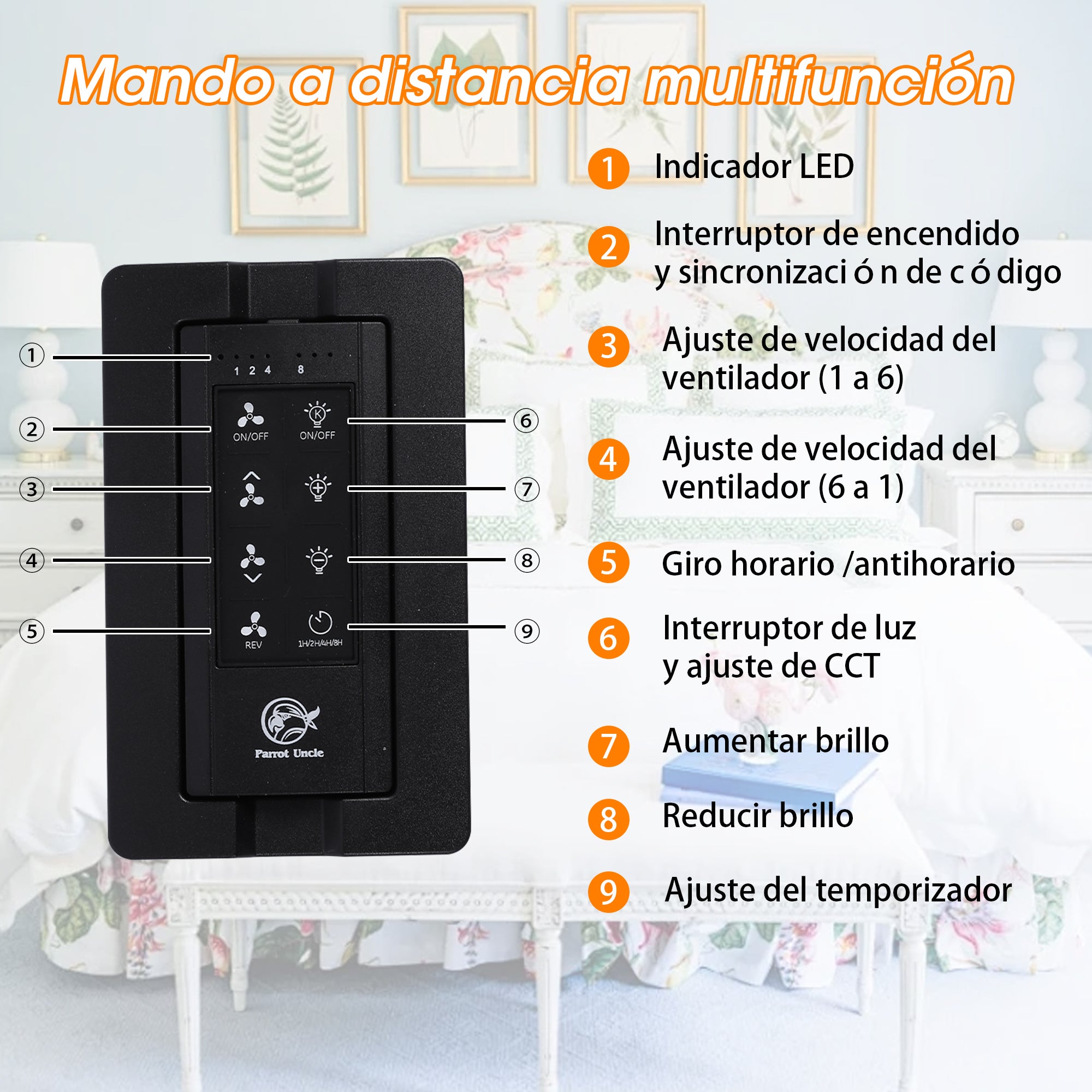 Ventilador de techo con luz LED silencioso DC con mando Parrot Uncle blanco 132 cm invierno-verano 6 velocidades - 9