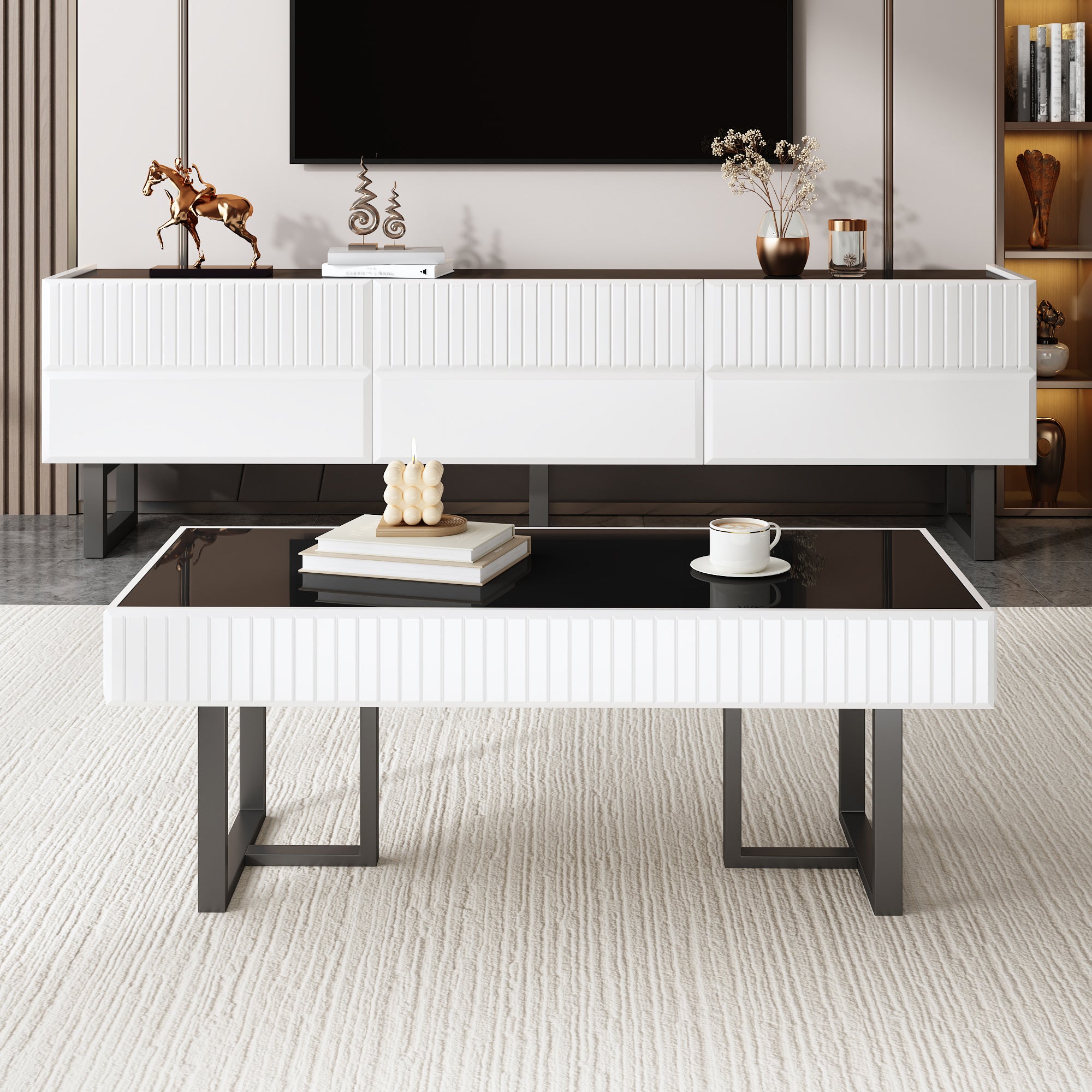 Zestaw mebli RTV 170 x 35 x 47 cm z 3 szufladami i stolikiem kawowym 110 x 50,5 x 41 cm - Płyta wiórowa + MDF - Kolor biały + czarny - 5