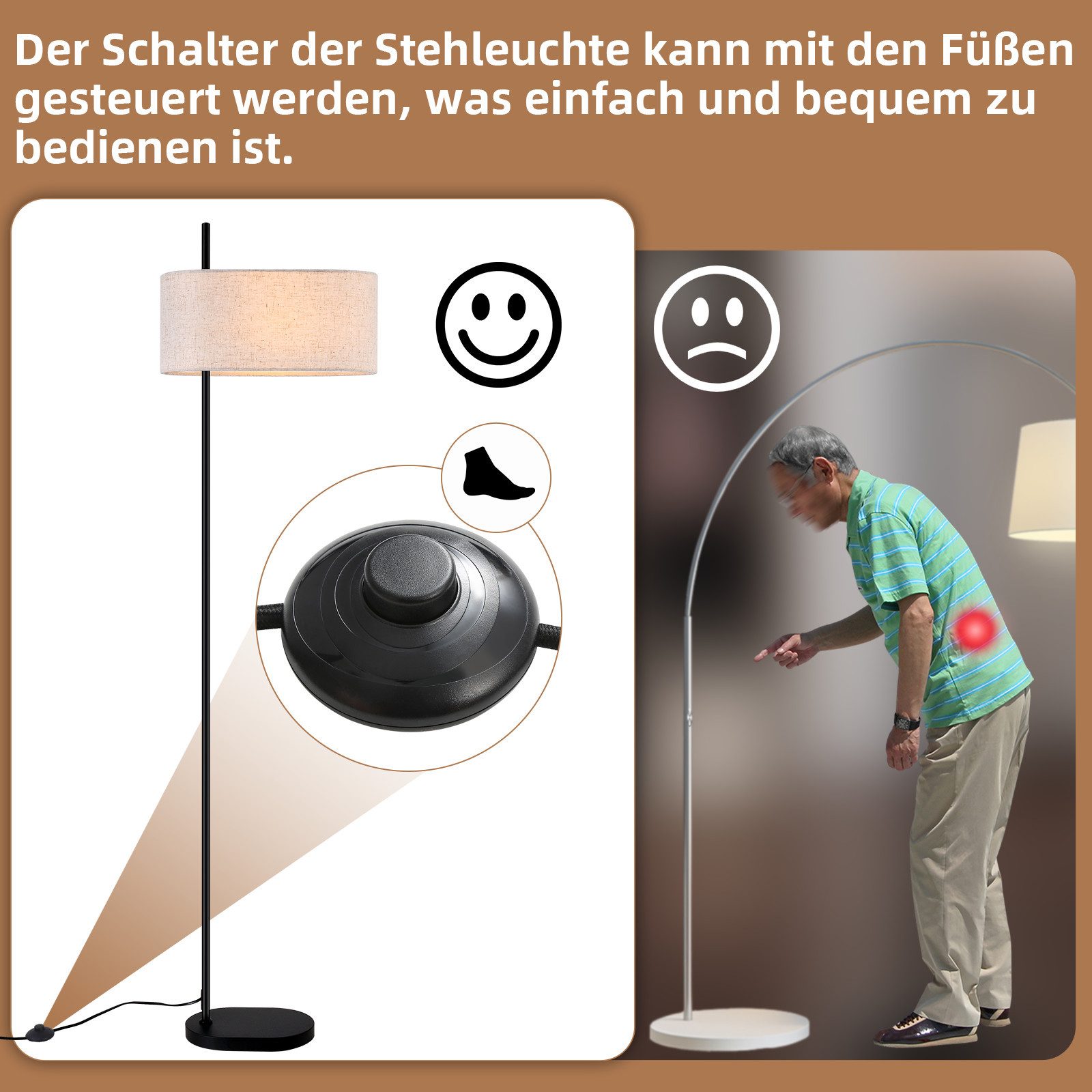 NETTLIFE Candeeiro de pé para sala candeeiro de pé vintage 154 cm preto E27 candeeiros de pé com interruptor de pé - 5