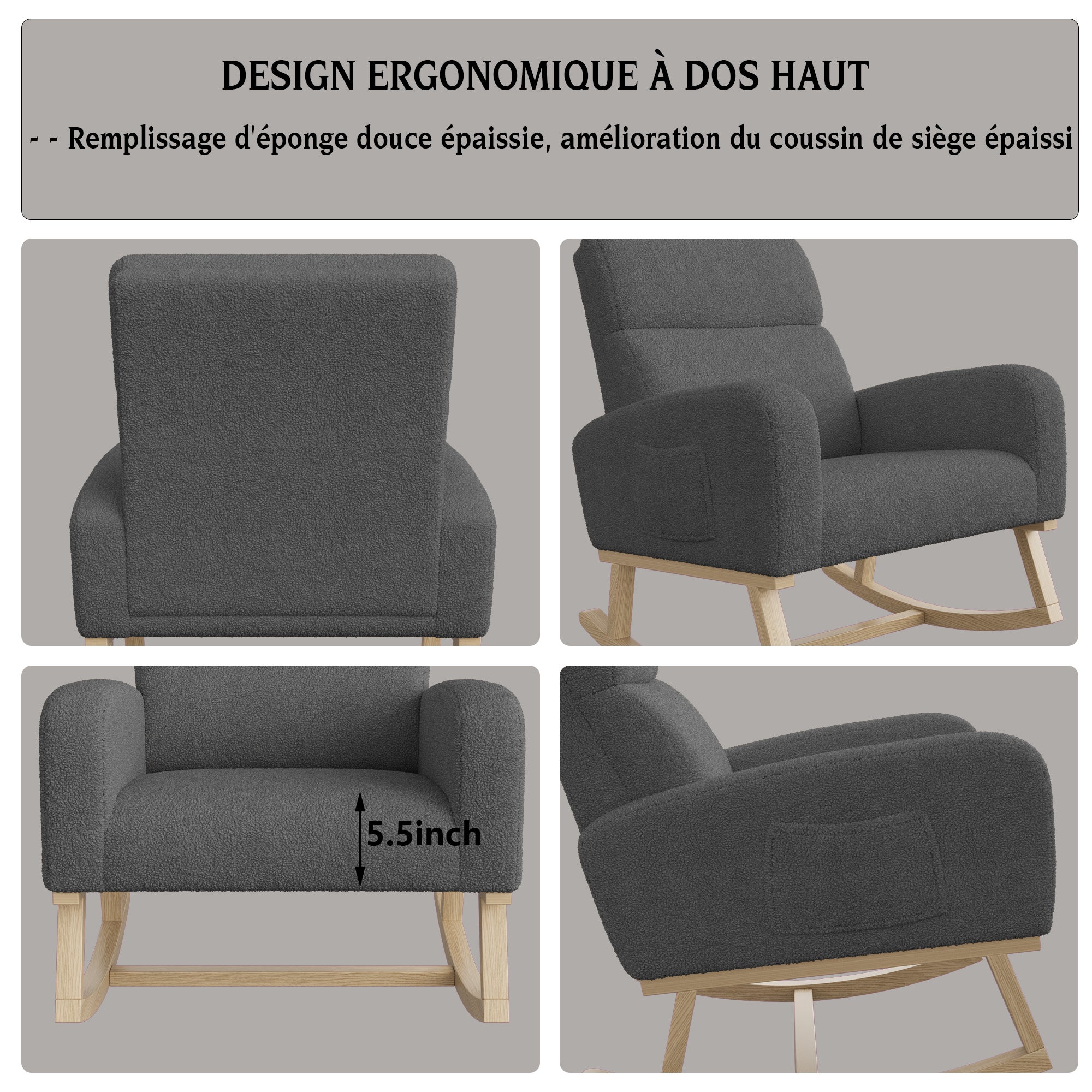 Fauteuil a Bascule, Chaise a Bascule Allaitement avec Poches Latérales et Base en Bois, Fauteuil Rocking Chair interieur extérieur pour Chambre, Gris - 6