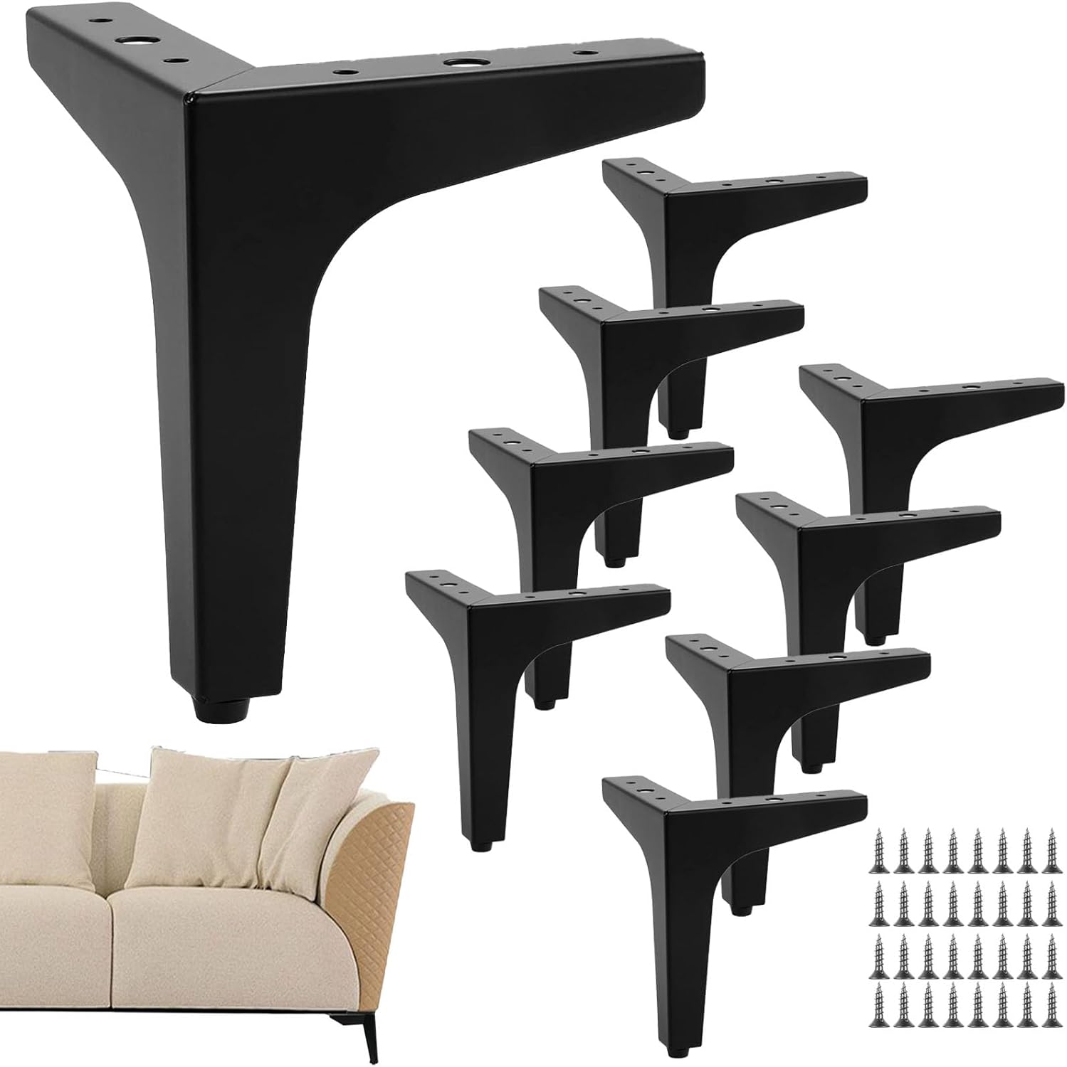 Set de 8 picioare negre de 17 cm - Sarcină maximă: 1600 kg - Picioare pentru dulapuri, suporturi TV, bufete, canapele, noptiere - Cu șuruburi