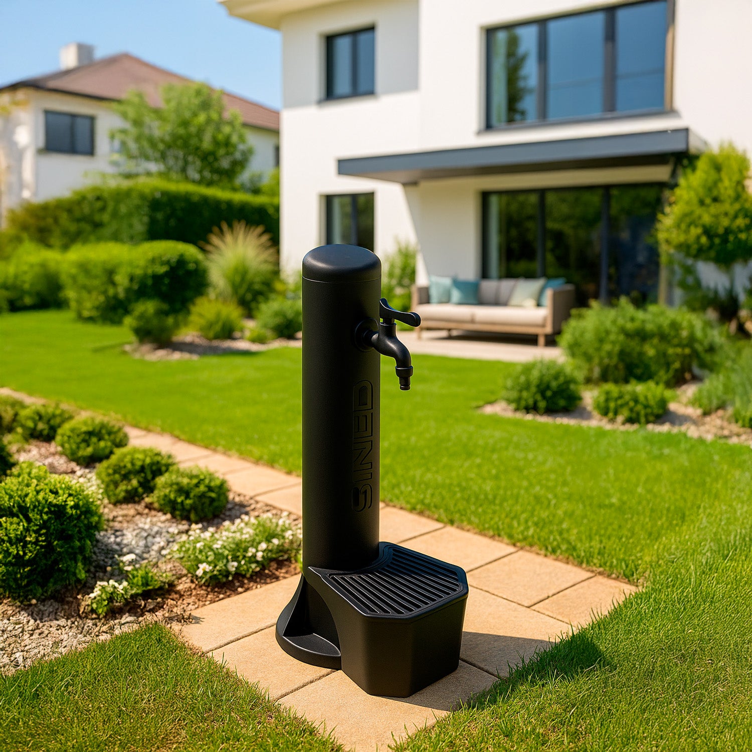 Fuente y cubo de exterior de color negro con litros de capacidad