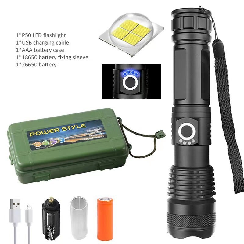 Latarka z wyświetlaczem mocy, daleki zasięg, zoom teleskopowy P70, lampka nocna ładowana przez USB (styl 3)