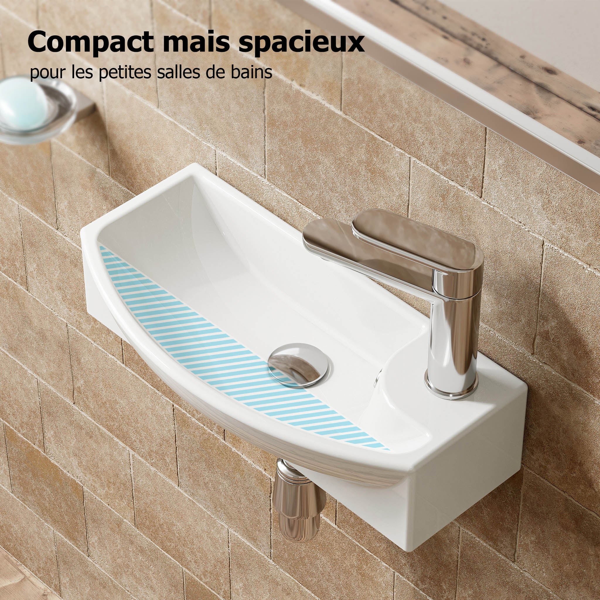 Lavabo mural, vasque à poser, lave-mains mural, vasque 45,4 x 22,6 x 12,9 cm avec trou pour robinet et trop-plein HOROW - 3