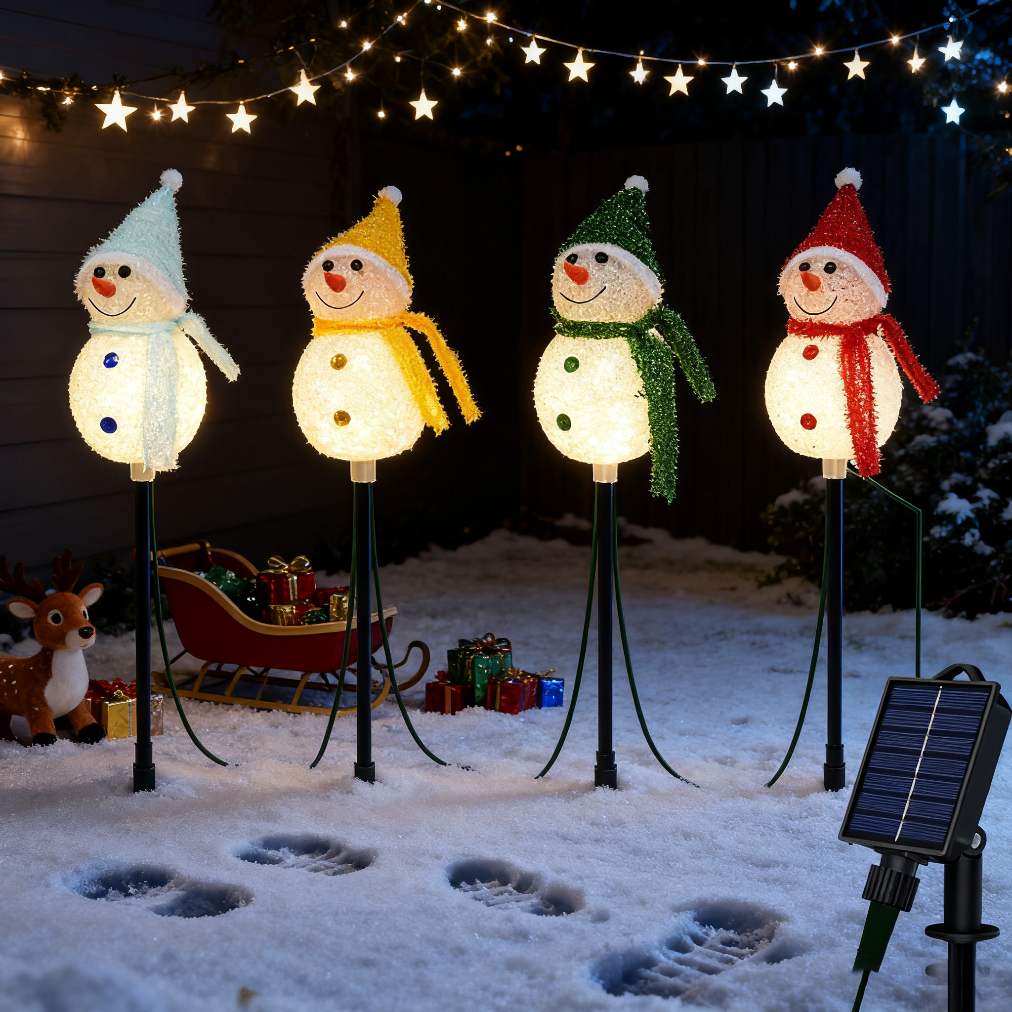 Zestaw 4 lampek choinkowych zasilanych energią słoneczną z palikiem w kształcie bałwana, wodoodporne lampki choinkowe do ogrodu, dekoracje świąteczne - 2