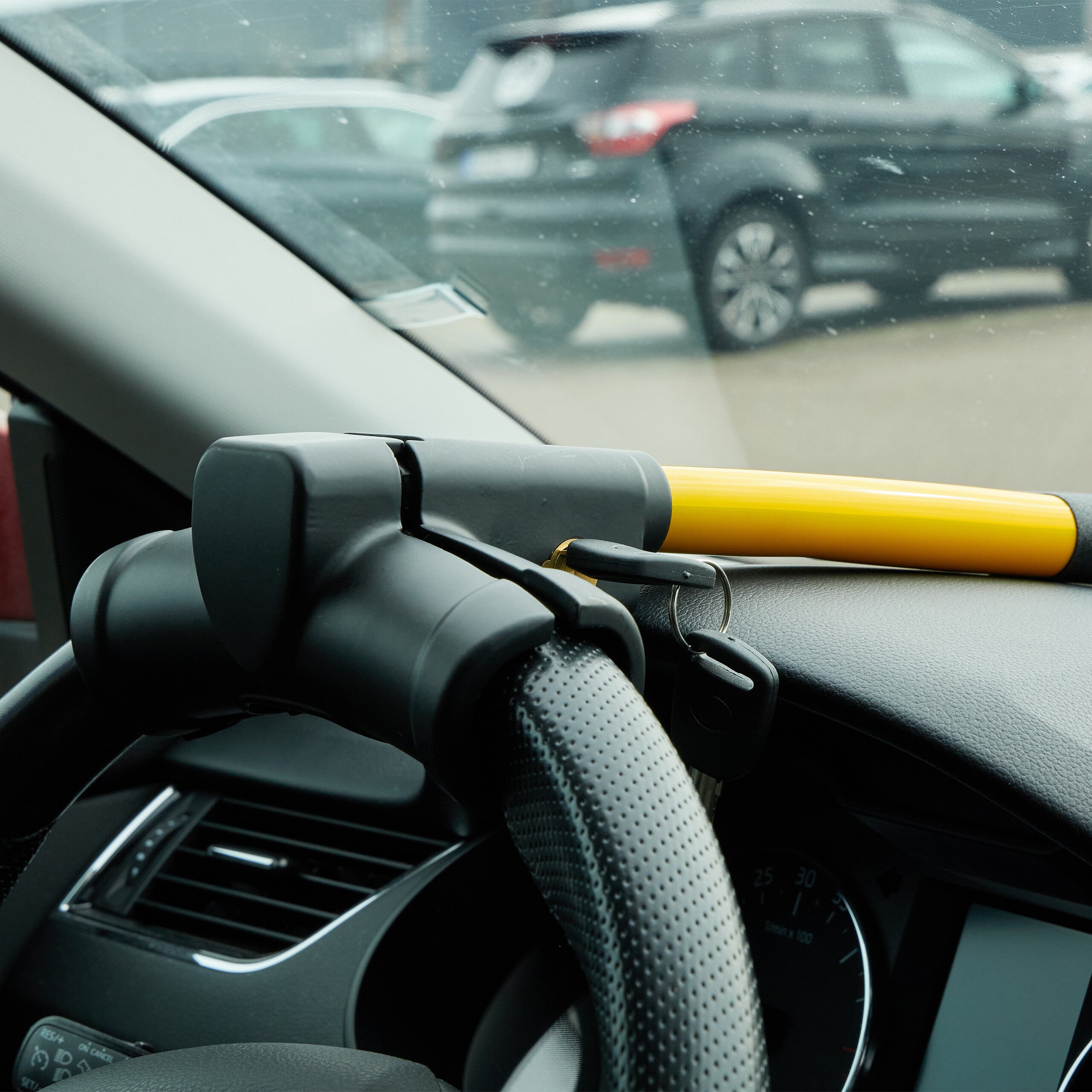Antivol de volant pour voiture, verrou réglable, protection contre le vol, universel, acier, jaune/noir, Relaxdays - 3