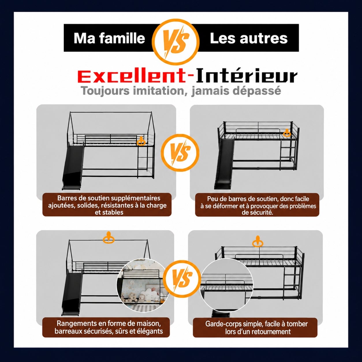 Lit superposé enfant avec toboggan, 90 x 190 cm, structure en métal ...