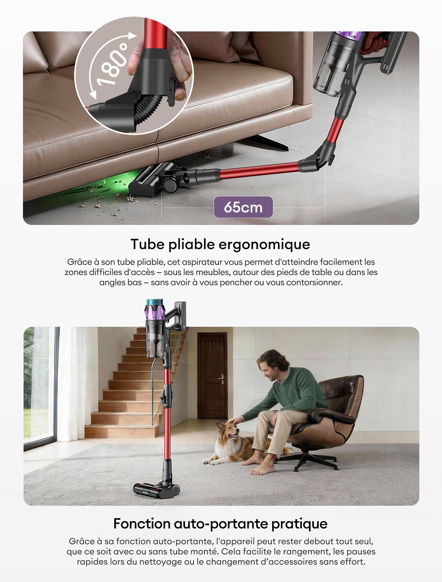 Aspirateur Balai sans Fil UI8 PR0, 600W, 70Kpa, Autonomie 80 min, brosse anti-emmêlement, Écran LED, Tube flexible, GreenEye, Gris et Rouge - 5