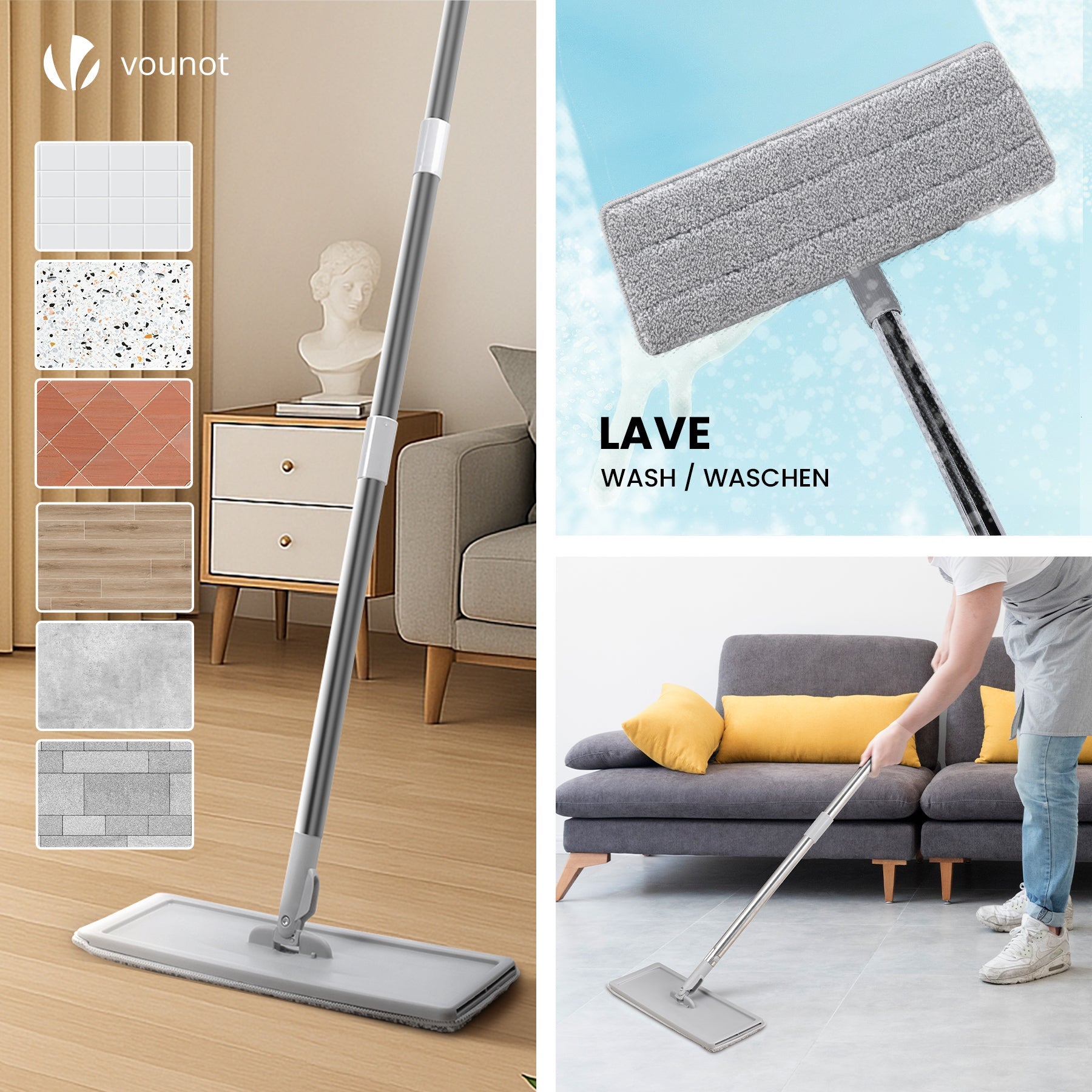 Balai plat microfibre avec seau essoreur auto-lavage double compartiment - 6 serpillères réutilisables - gris - VOUNOT® - 7