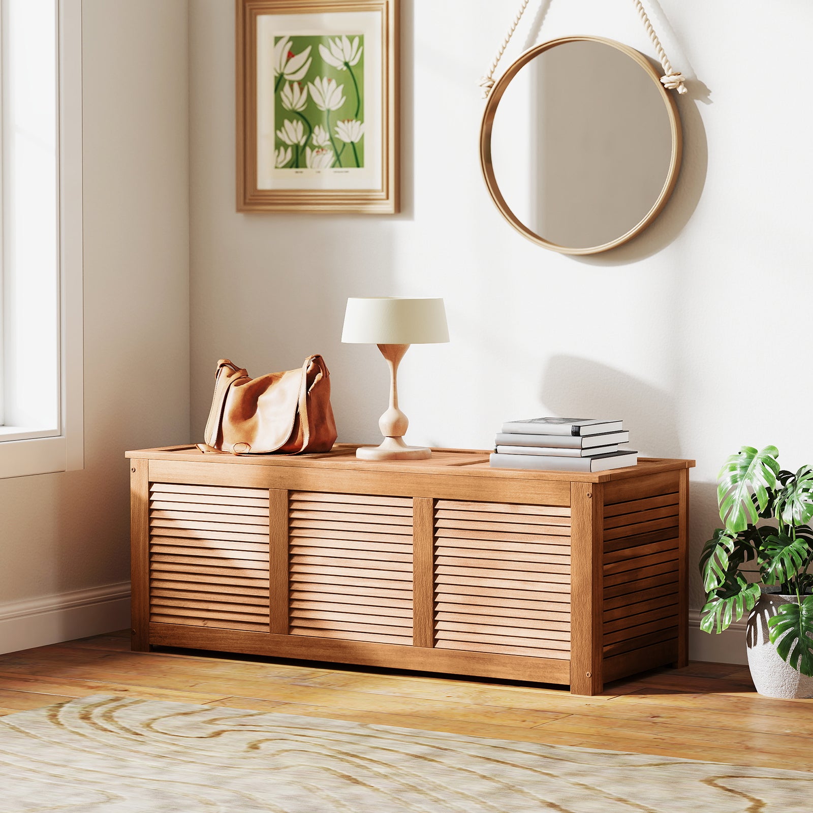 Baule da Giardino 178L, Cassapanca Contenitore in Legno di Acacia con Coperchio e Maniglia, Panca Contenitore per Interni e Esterni, 120,5 x 4 - 8