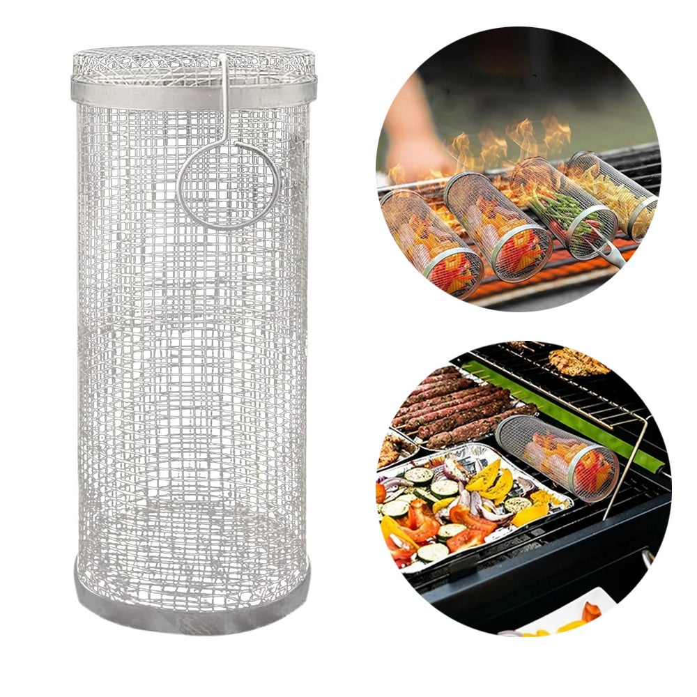 Panier De Barbecue Pliable Portable En Acier Inoxydable Pour Poisson, Légumes, Crevettes Avec Poignée Amovible, Rond